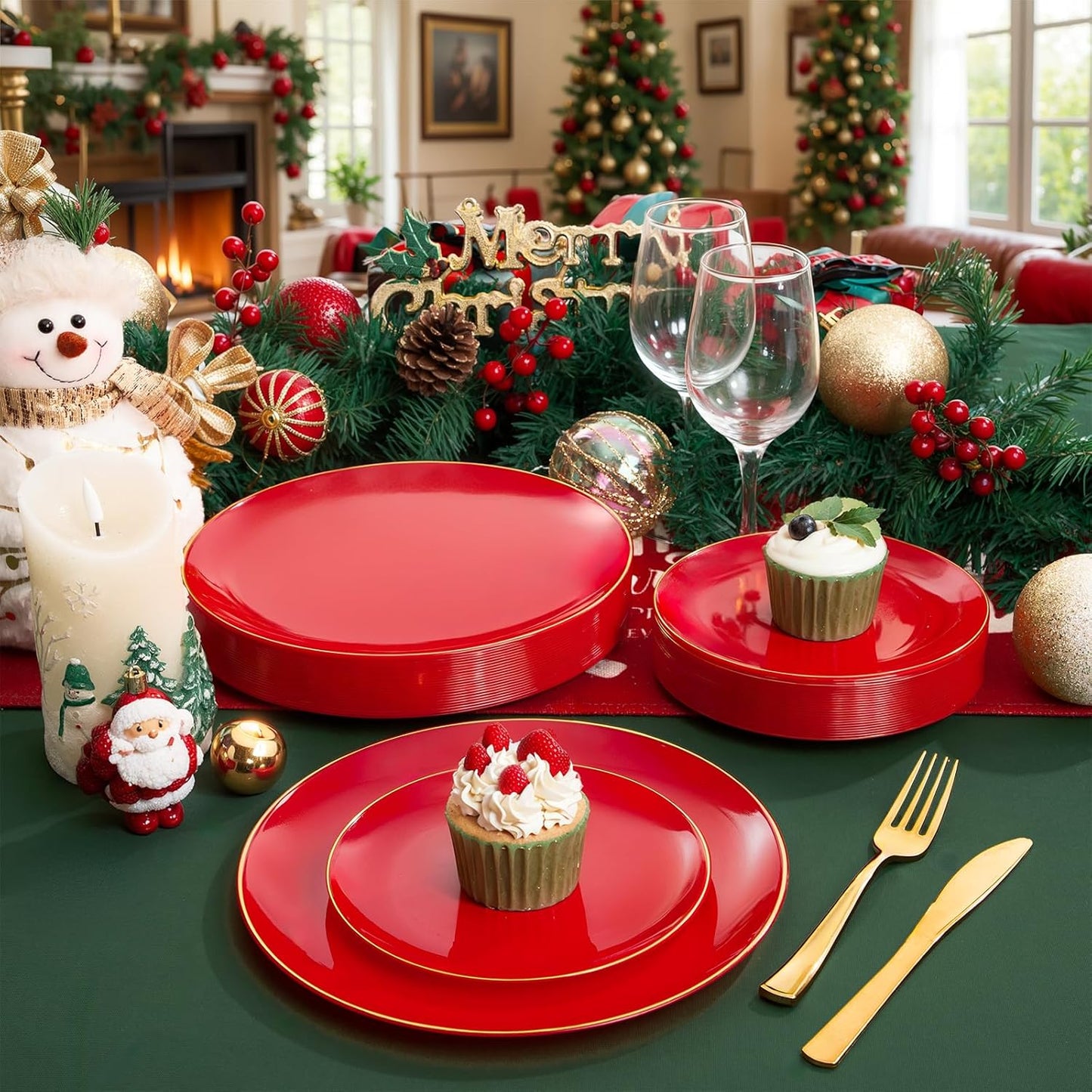 WDF 300Pcs Red Disposable Plates - Christmas Plates - 50guest Disposable Dinnerware Include 50 Dinner Plate, 50 Dessert Plate, 150 Cutlery & 50 9oz Cups for Christmas & Parties