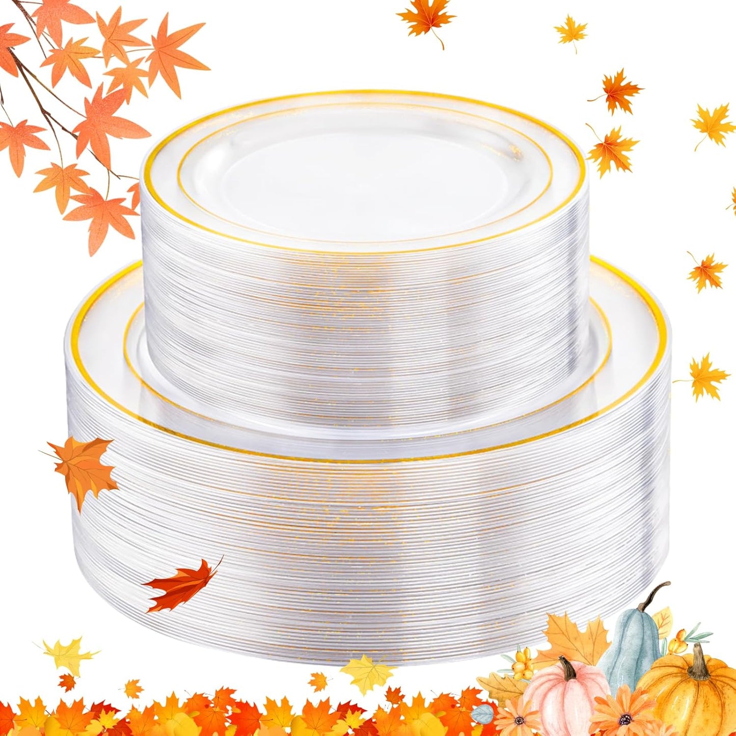 FLOWERCAT 100PCS Clear Plates with Gold Trim - Heavy Duty Clear and Gold Plastic Plate Disposable for Thanksgiving Party/New Year Include 50PCS 10.25inch Dinner Plates - 50PCS 7.5inch Cake Plate