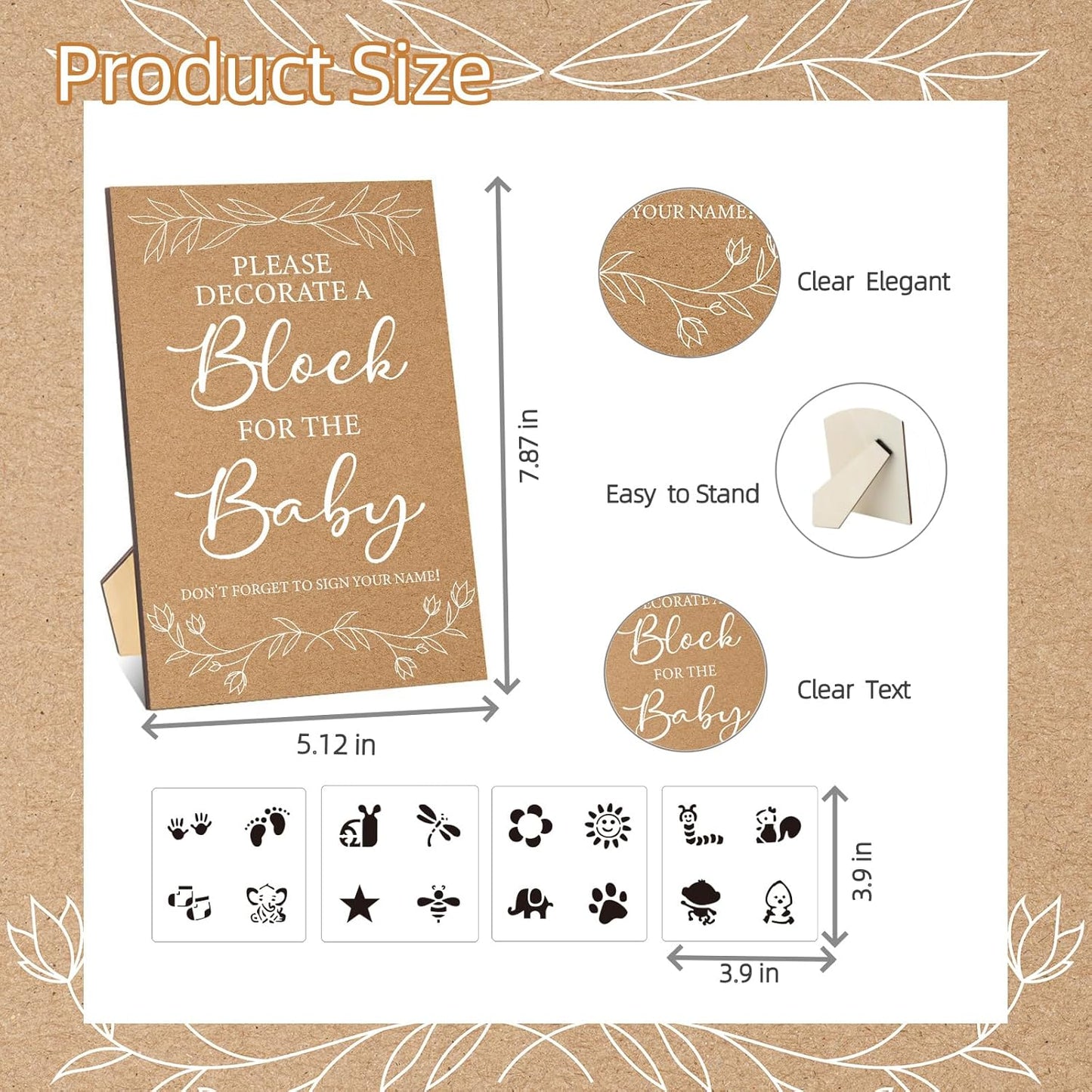 141 Pcs Baby Shower Game Sign Set Includes Decorative Square Signs 100 DIY Blank Wooden Blocks 20 Paint Markers(Kraft)