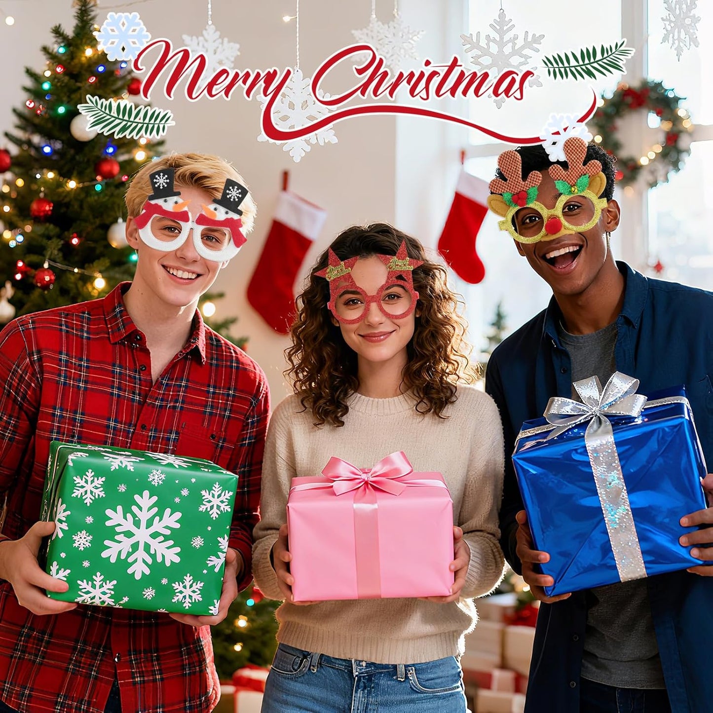 30Pcs Christmas Glasses for Kids & Adults, Festive Glitter Party Eyewear for Family Classroom Christmas Parties, Holiday Photo Booth Props Decorations Games Favors Accessories