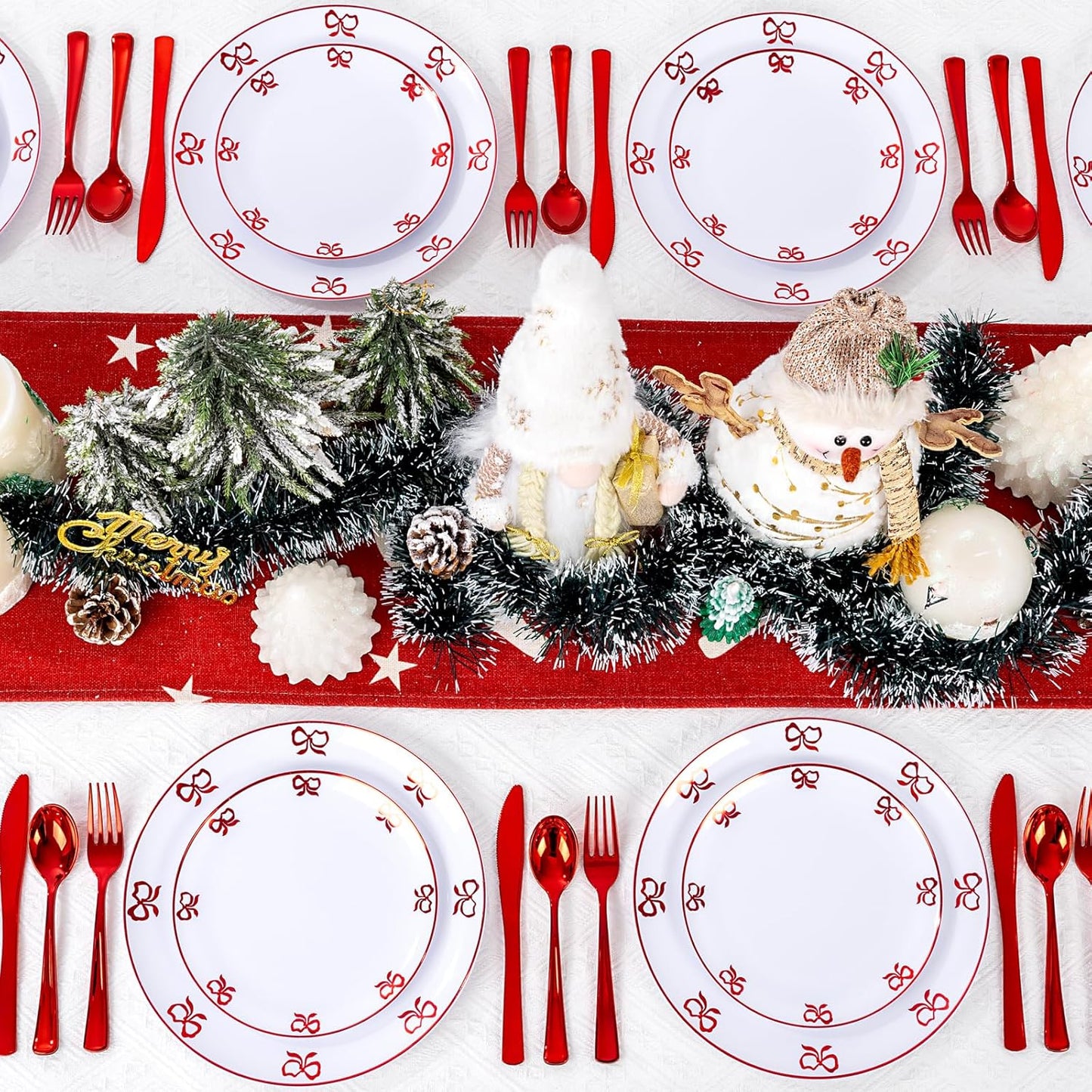 125PCS Red Bow Plastic Plates - White and Red Rim Disposable Plates - 50 Elegant Plates with Bowknot Patterns, 25 Forks, 25 Spoons, 25 Knives for Birthday & Christmas Party