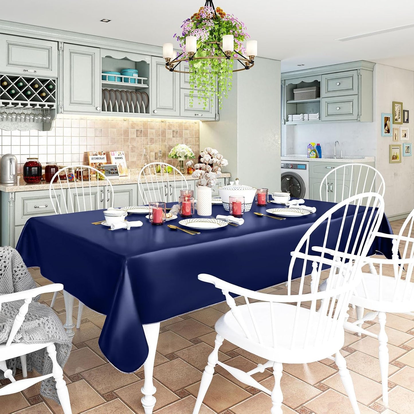 homing 2 Pack Rectangle Vinyl Tablecloth, Waterproof Spillproof Plastic Flannel Backed Table Cloth, Wipe Clean Table Cover for Dining, Buffet Parties and Camping (Navy Blue, 60" x 120")