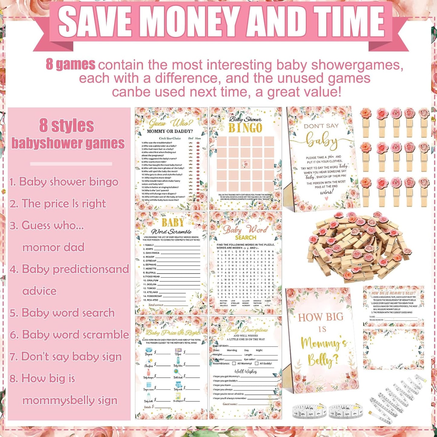 426 Pcs Floral Baby Shower Games Set-8 Games, Includes Baby Shower Bingo, Price is Right, Guess Who, Word Scramble, Prediction and Advice, How Big is Mommy's Belly, Don't Say The Words