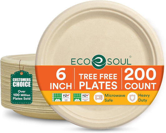 ECO SOUL Compostable Paper Plates 6 Inch (200 Count) Heavy Duty Disposable Dessert Plates, Eco-Friendly Sugarcane Bagasse Small Plates For Appetizer- Natural Brown