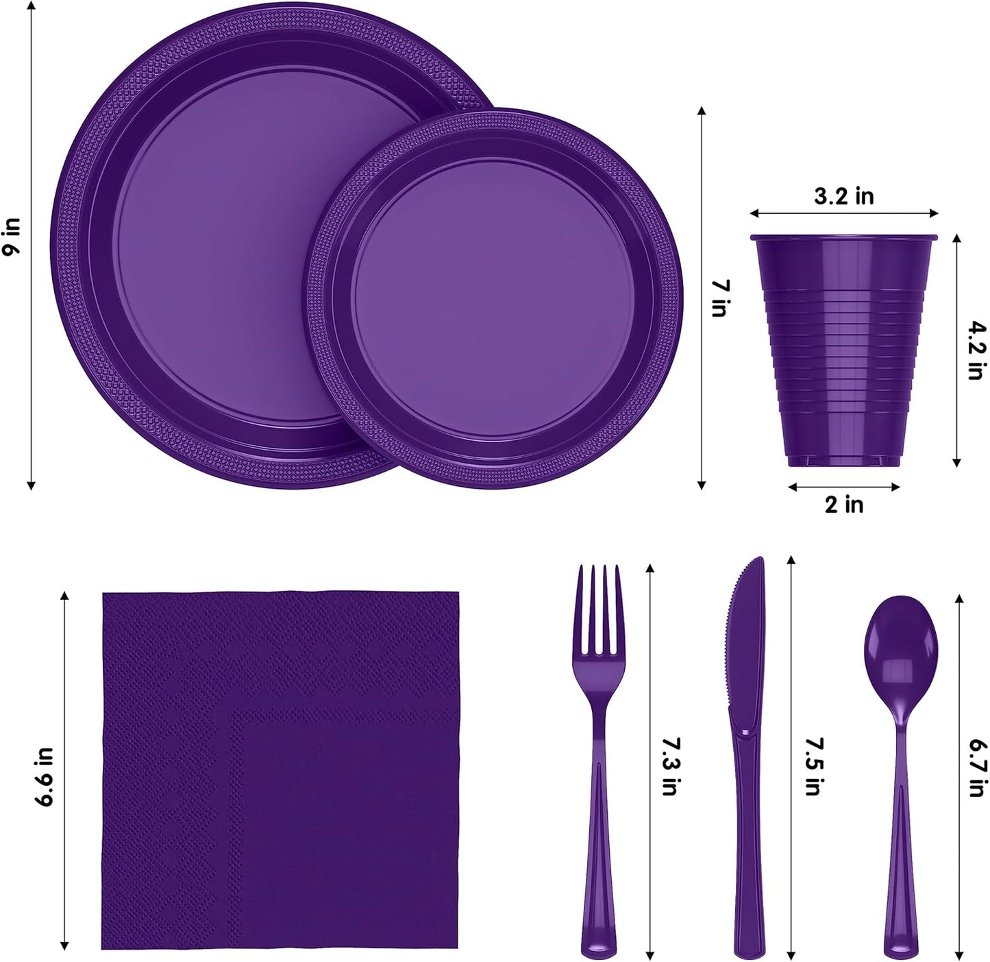 350 Pcs Purple Plastic Plates For Party, Purple Disposable Plates Set, 50 Of Each 9" Dinner Plate Set, 7" Dessert Plate, Cups, Napkins & Cutlery Plastic Dinnerware Exquisite