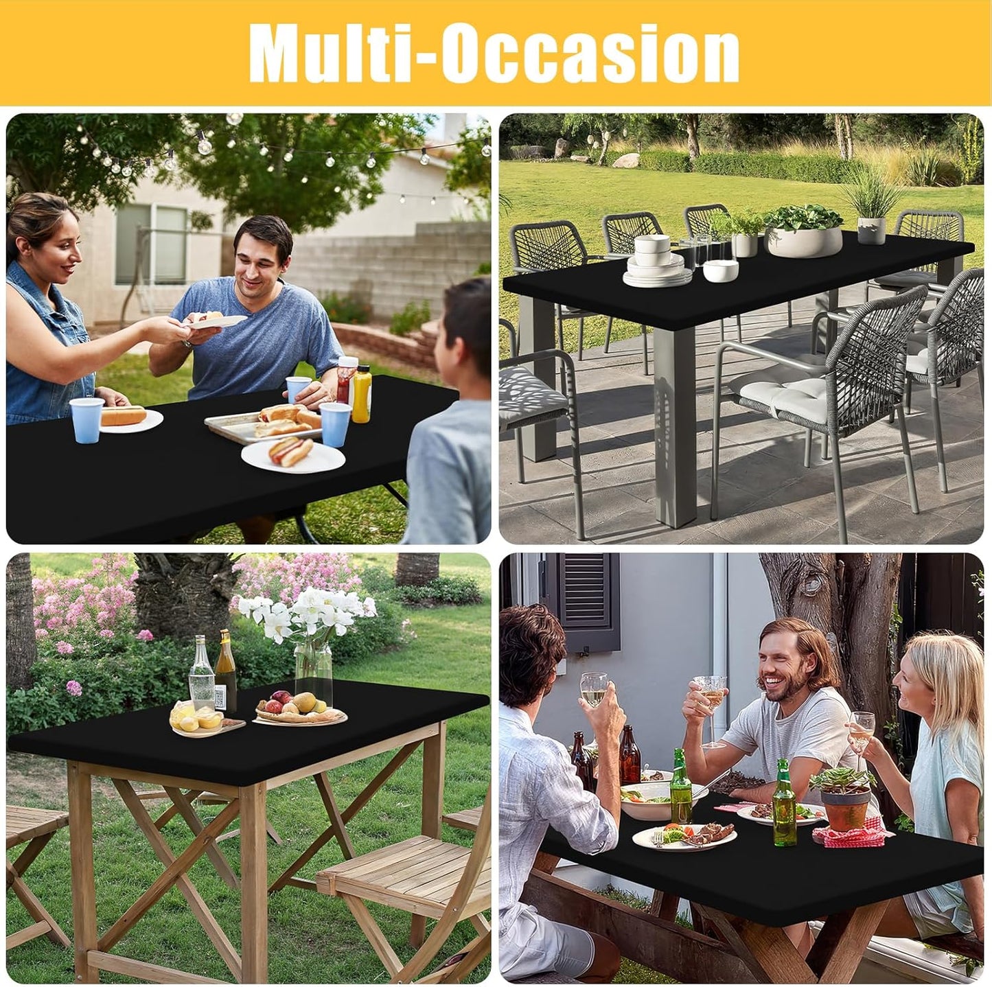 Rectangle Table Cloth, Waterproof Elastic Fitted Tablecloth for 8 Foot Folding Tables, Washable Polyester Tablecloths for Picnic, Camping, Outdoor (Black, 30"x96")