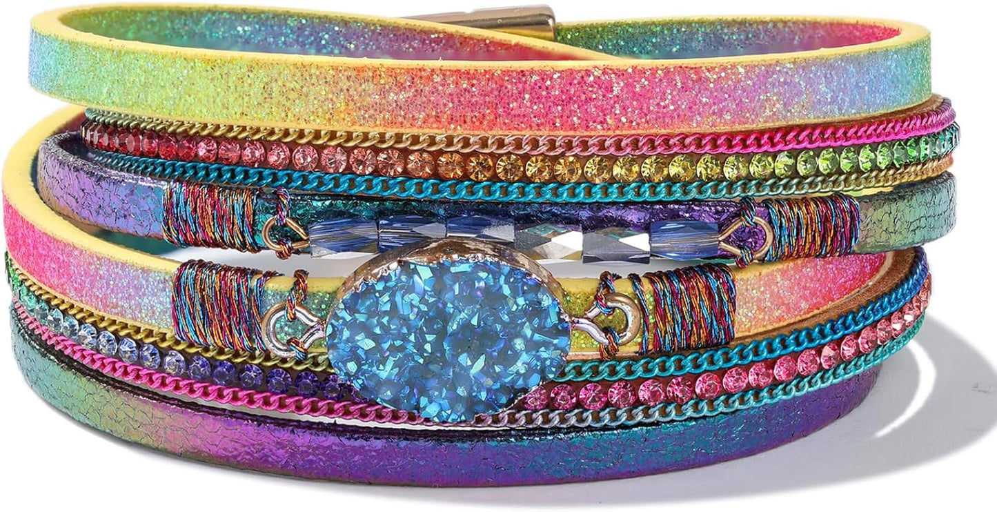 FANCY SHINY Leather Wrap Bracelet Boho Cuff Bangle Bracelets Crystal Bead Bracelet with Magnetic Clasp Jewelry Gifts for Women