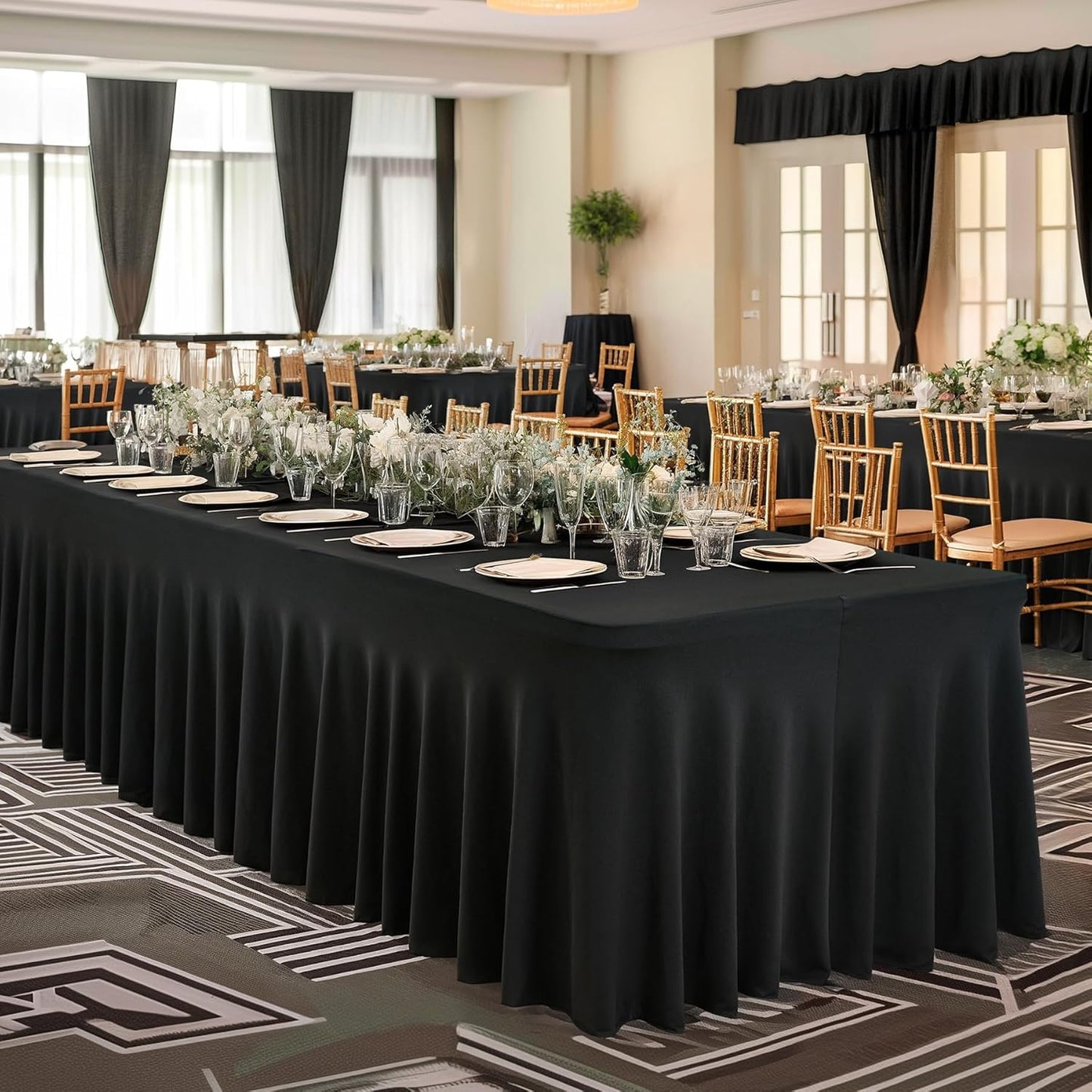 PARTISKY Black Spandex Tablecloth for 8ft Rectangle Tables, Stretchable Table Cover Skirt for Folding Tables Weddings Parties Banquets Events Trade Shows and Dessert Table