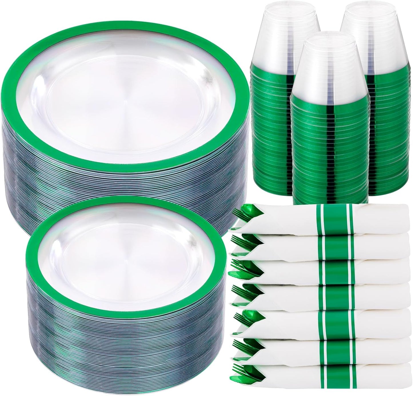 I00000 210 Pcs Green Plastic Plates-St. Patrick's Day Green Dinnerware for Party, Include 30 Dinner and 30 Dessert Plates,30 Plastic Cups 9 OZ,30 Per Rolled Napkins with Cutlery for Party