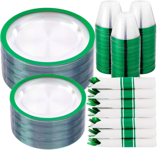 I00000 210 Pcs Green Plastic Plates-St. Patrick's Day Green Dinnerware for Party, Include 30 Dinner and 30 Dessert Plates,30 Plastic Cups 9 OZ,30 Per Rolled Napkins with Cutlery for Party