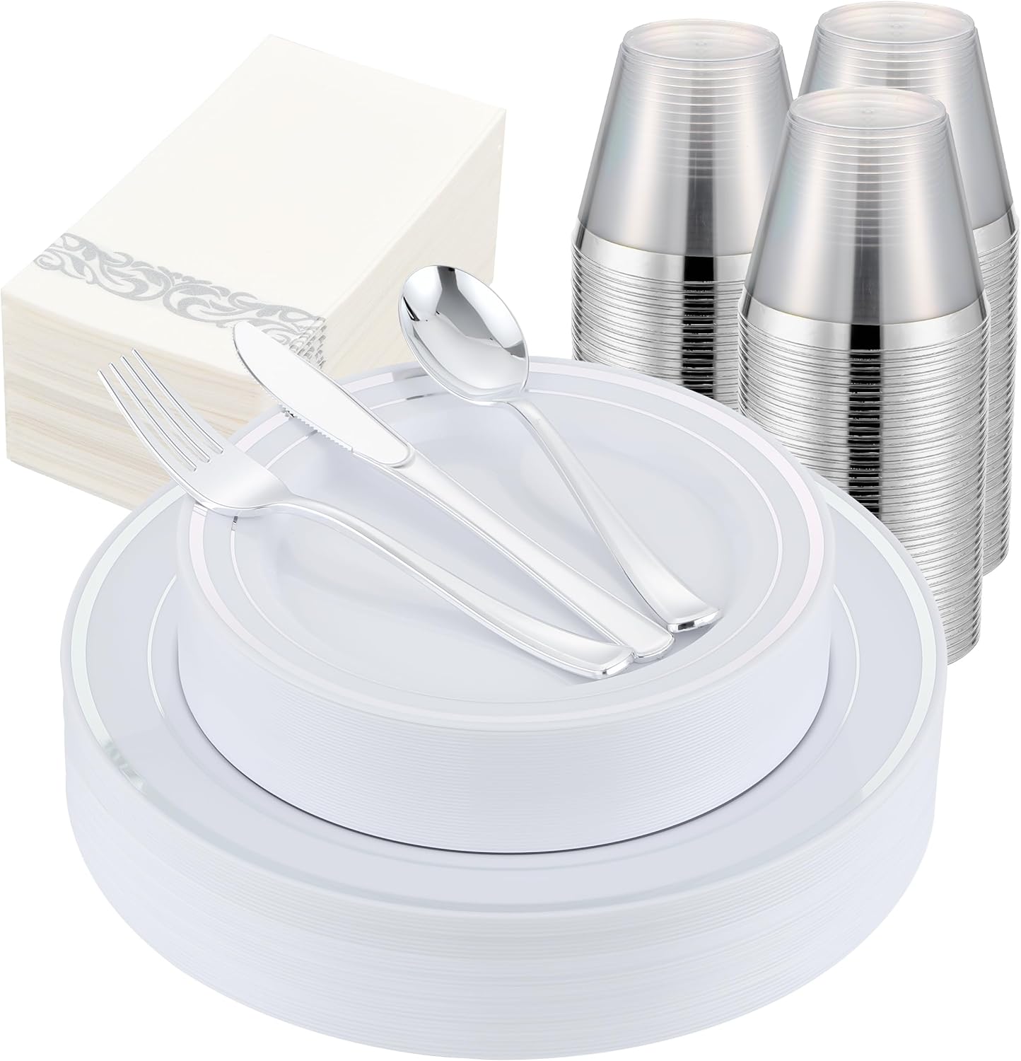 350 PCS Silver Plastic Dinnerware for 50 Guests,Silver and White Disposable Plates for Party Wedding with Napkins, 50 Dinner Plates, 50 Dessert Plates, 50 Silverware Set, 50 Cups