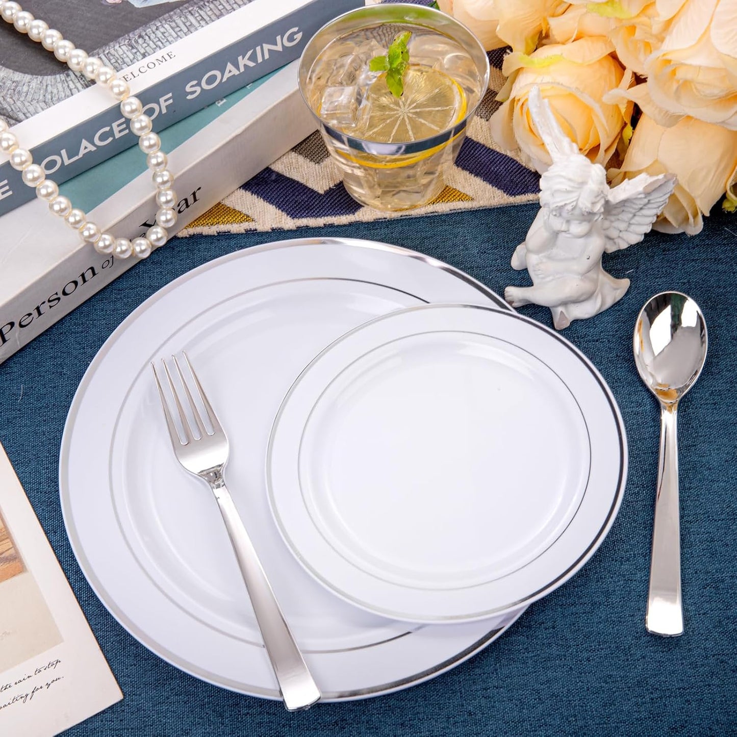 WELLIFE 600 Pcs Sliver Disposable Dinnerware for 100 Guests, Dinnerware Set of 100 Dinner Plates, 100 Salad Plates, 100 Spoons, 100 Forks, 100 Knives, 100 Cups