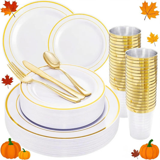 WELLIFE 96 Pcs Gold Plastic Dinnerware Set, Disposable Silverware and Cups, Gold Dinnerware Set, Includes: 16 Dinner Plates 10.25", 16 Dessert Plates 7.5", 16 Cutlery for Party