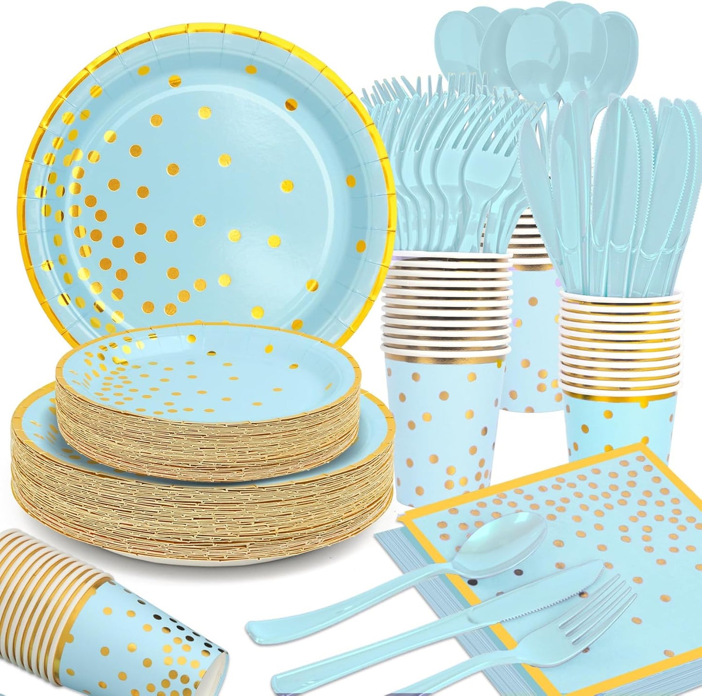 Light Blue and Gold Plates and Napins Party Supplies, Severs 25 Disposable Party Dinnerware Include Forks Knives Spoons Napkins Cups for Birthday, Wedding Baby Shower,Boys Birthday,Anniversary