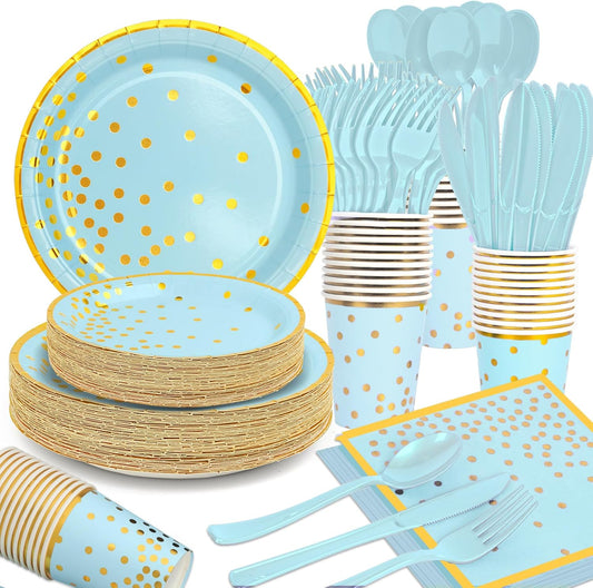 Light Blue and Gold Plates and Napins Party Supplies, Severs 25 Disposable Party Dinnerware Include Forks Knives Spoons Napkins Cups for Birthday, Wedding Baby Shower,Boys Birthday,Anniversary