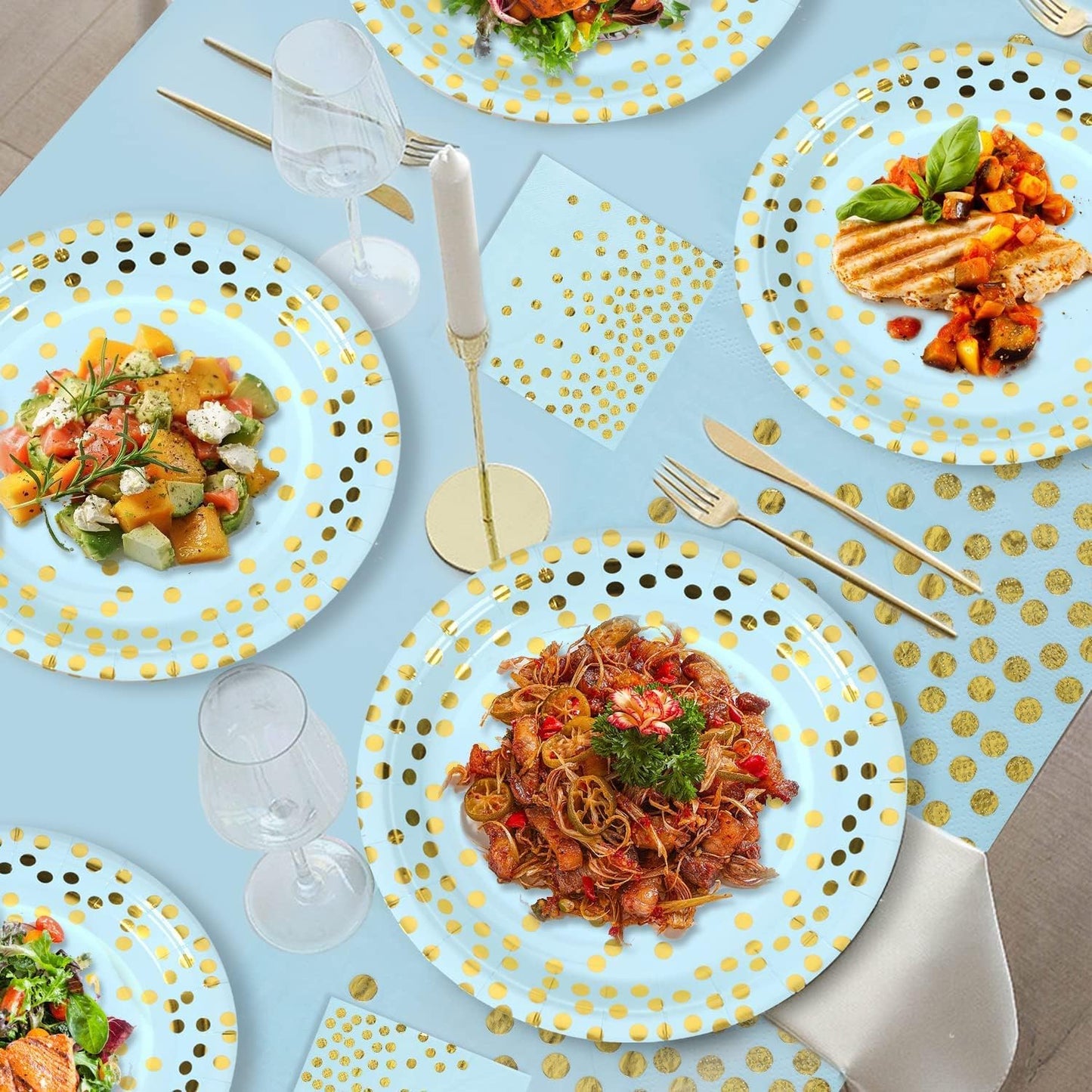 Blue and Gold Paper Plates and Napkins Party Supplies 50 Pack- 25 * 7inch Paper Plates & 25 * 6.5inch Napkins,for Baby Shower,Birthdays Receptions and All Occasions