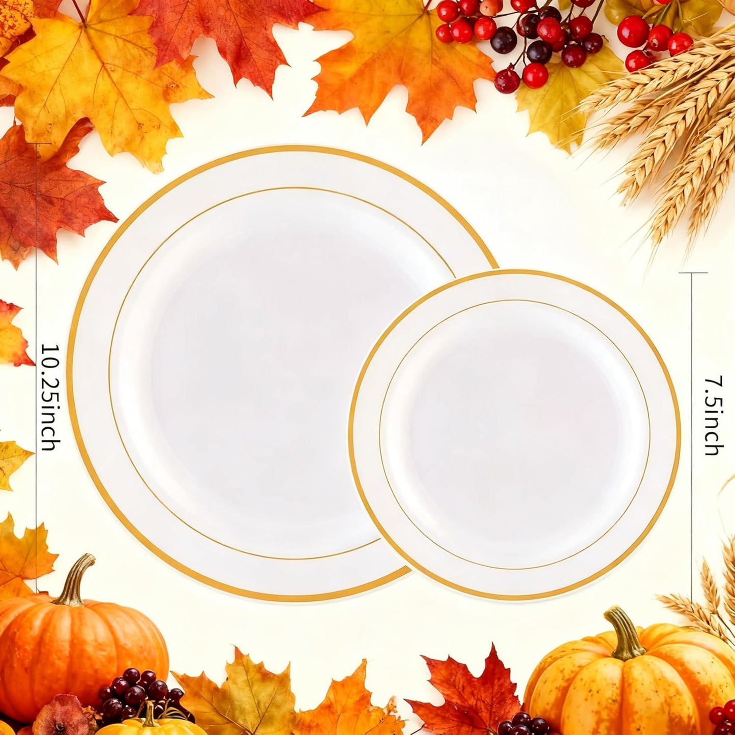 WDF 60PCS White Gold Plates Disposable - Gold Plastic Plates, Including 30-10.25inch Gold Dinner and 30-7.5inch Salad/Dessert for Thanksgiving