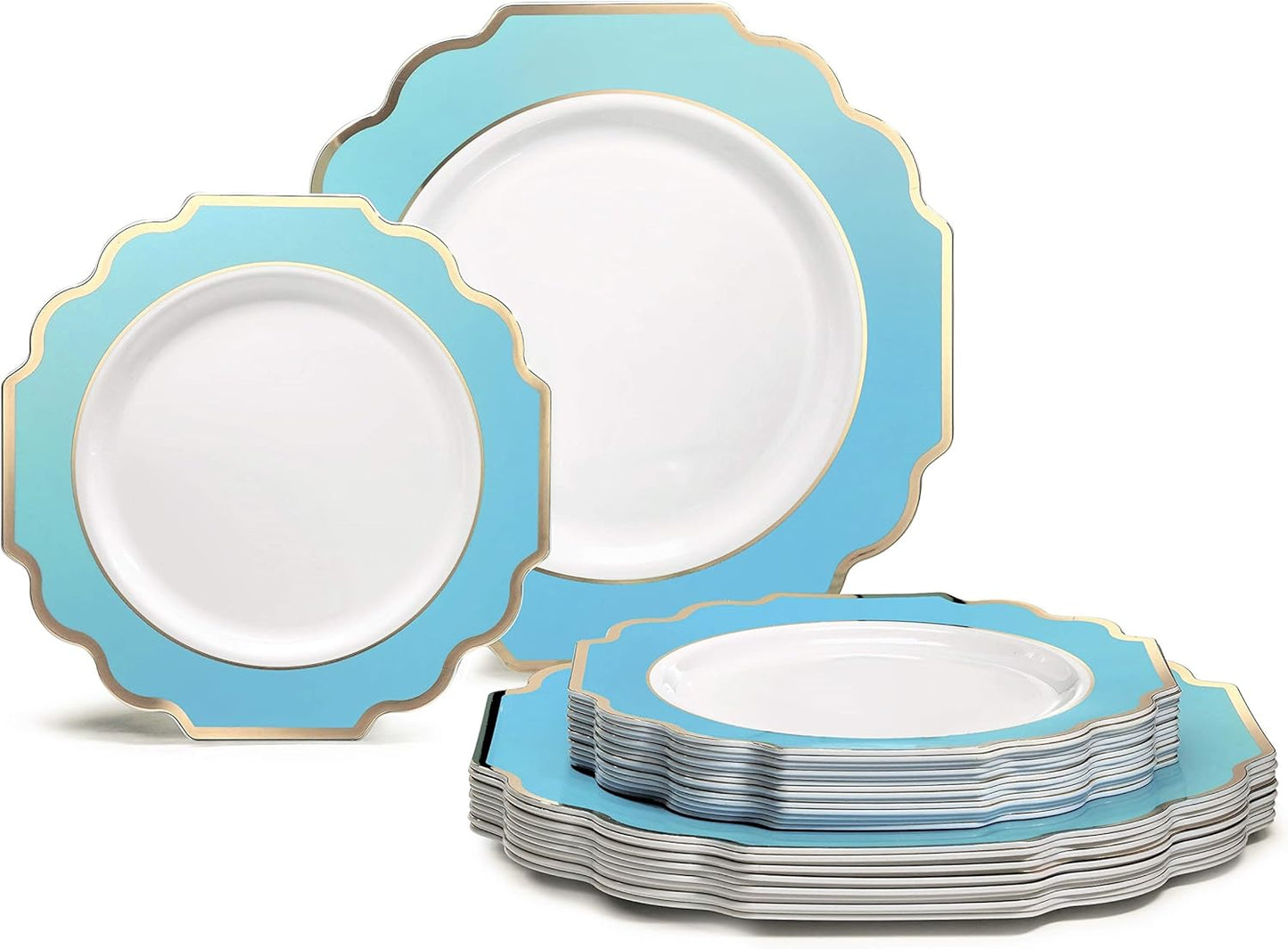 " OCCASIONS " 50 Plates Pack (25 Guests)-Heavyweight Wedding Party Disposable Plastic Plate Set -(25x10.5'' Dinner + 25x8'' Salad/dessert (Imperial Aqua/Gold)