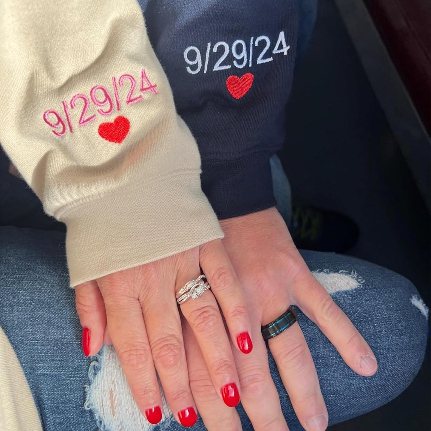 Custom Mr & Mrs Embroidered Sweatshirt – Matching Couple Sweatshirt - Personalized Anniversary Date or Text on Sleeve – Gifts for Him and Her, Wedding, Valentine’s Day, Christmas