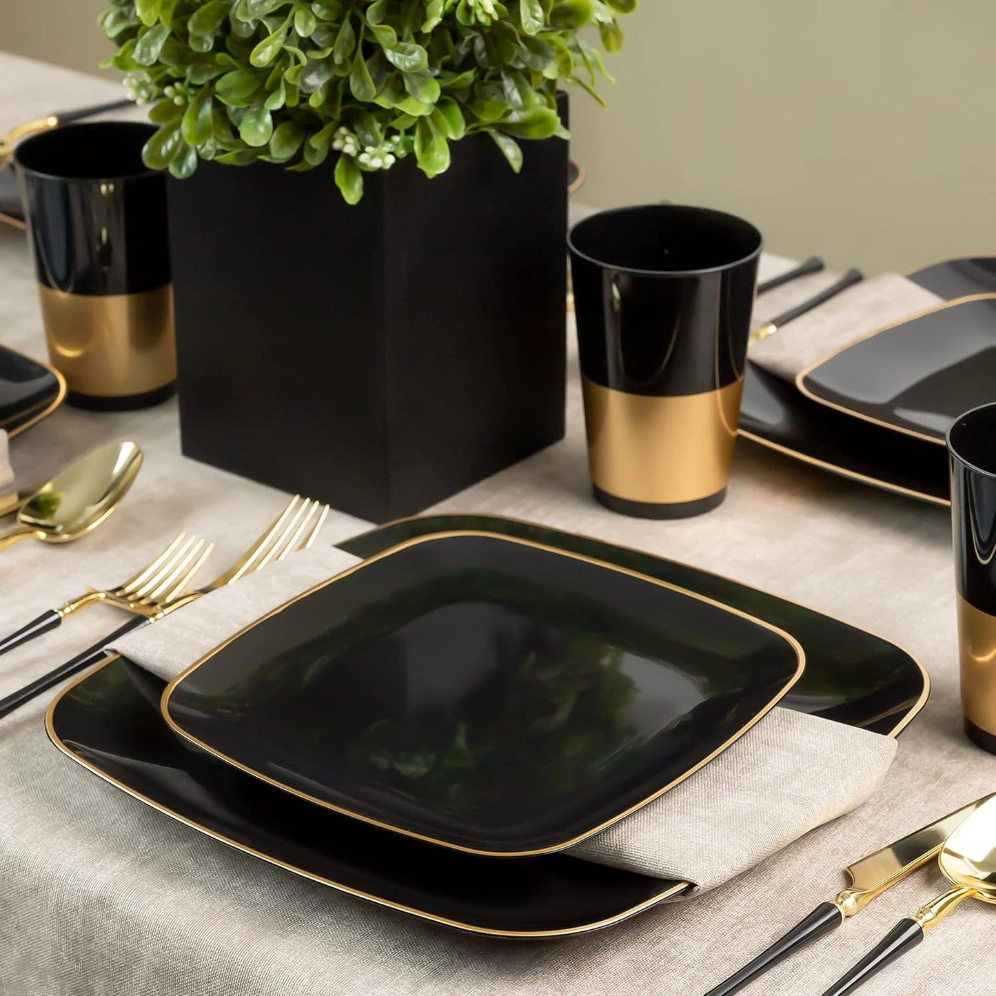 PLASTICPRO Square 32 Piece Combo Plates Set includes 16 x 7'' inch Salad Plates & 16 x 10'' inch Dinner Plates Black Plastic with Gold Rim Design Party Plates, Premium heavyweight Elegant,