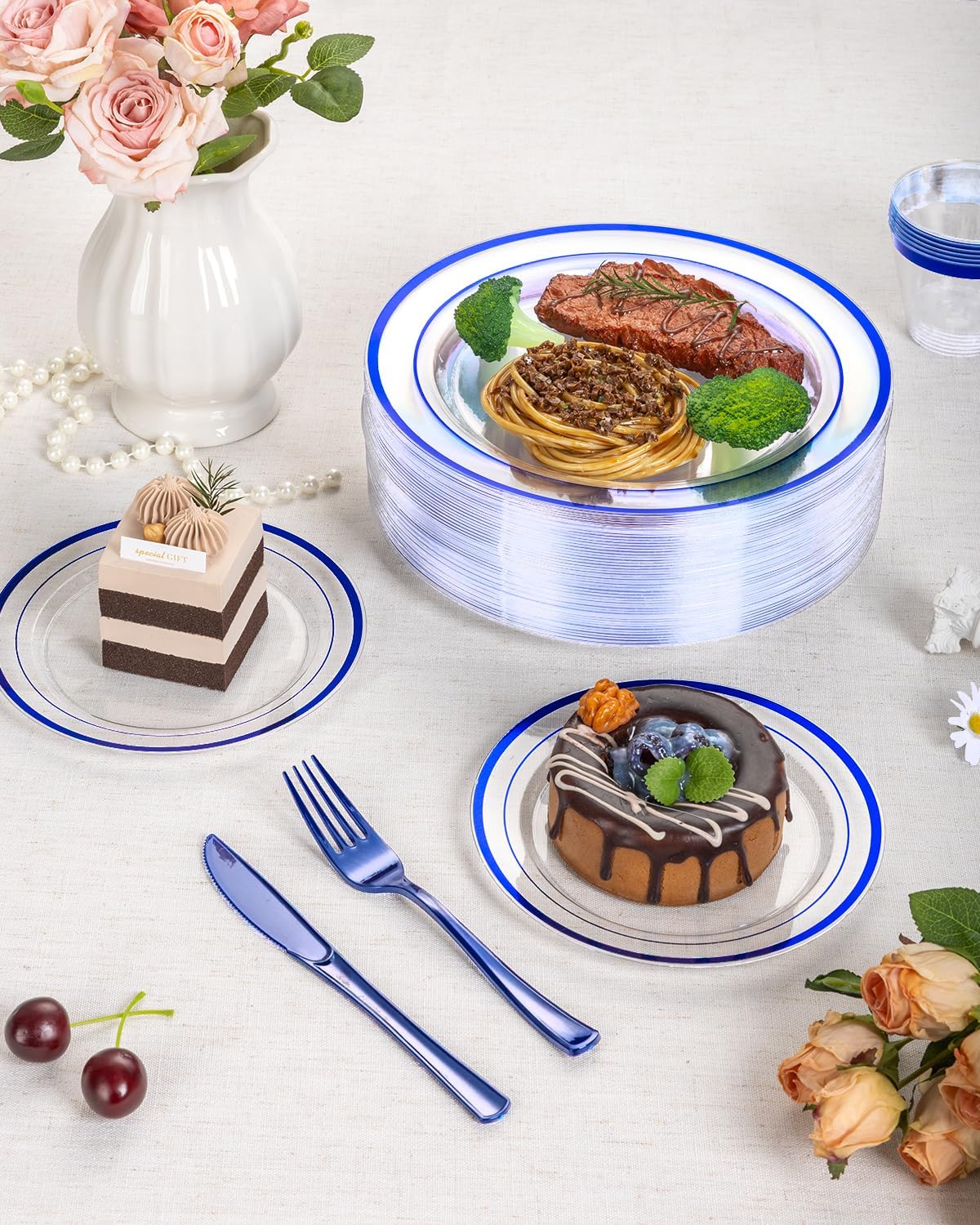 Goodluck 175 Piece Blue Plastic Plates, Clear Plastic Silverware Disposable Plates Set, Include 50Plates, 25Pack Pre Rolled Napkins with Silverware, 25Cups for Party, Wedding, Graduation