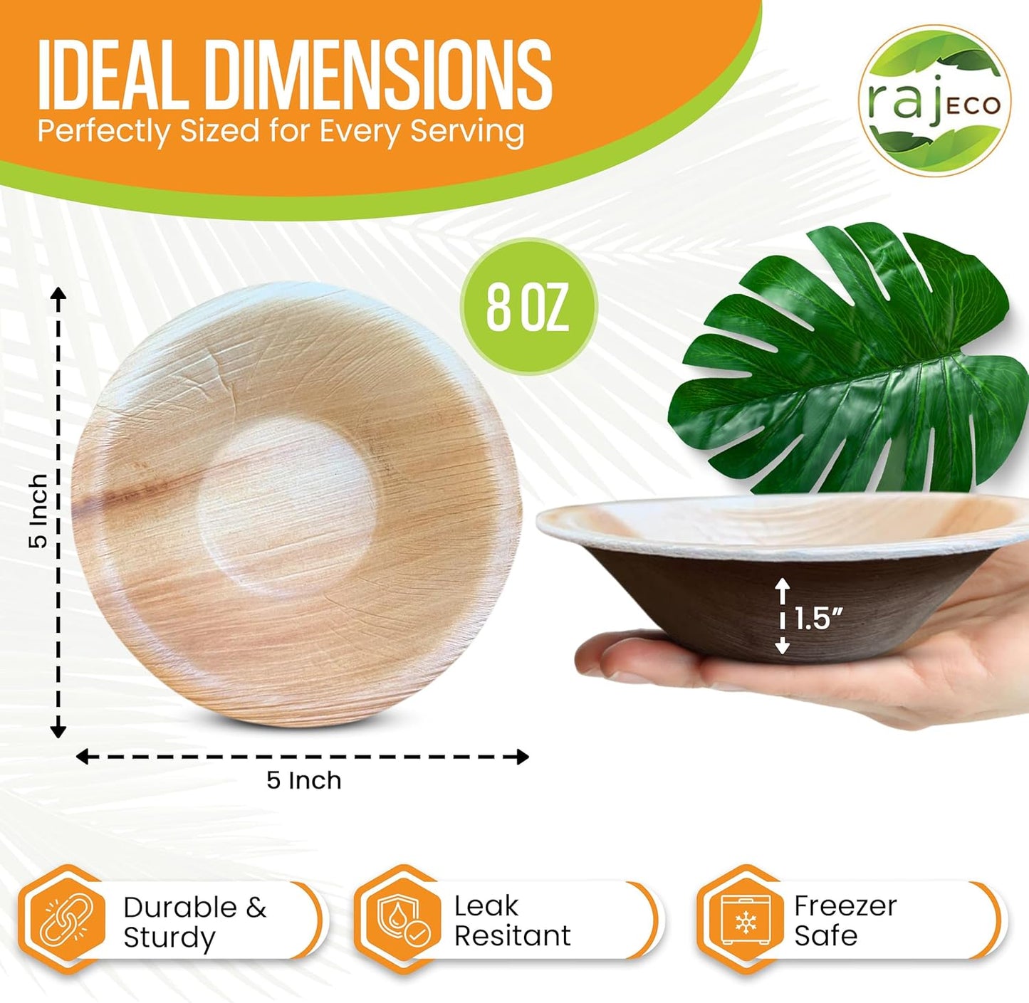 Raj Disposable Palm Leaf Bulk Bowls (200 Count, 5" Bowls) Strong Bowl Like Bamboo Party Bowl - Decorative Compostable Tableware for Lunch, Dinner, Birthday, Outdoor, BBQ, Picnic, Parties