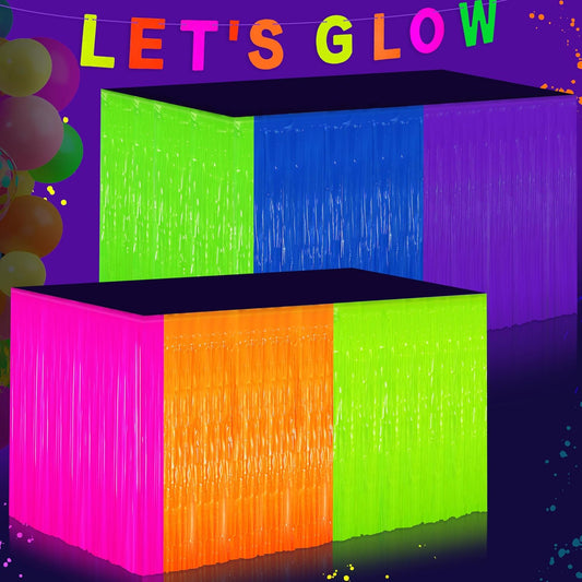 Glow in The Dark Tinsel Fringe Table Skirt - 2 Pack Neon Foil Party Decor, 31.5"x118" UV Reactive Fringe Skirt for Rave, Wedding, Birthday Backdrop - 6 Vibrant Colors