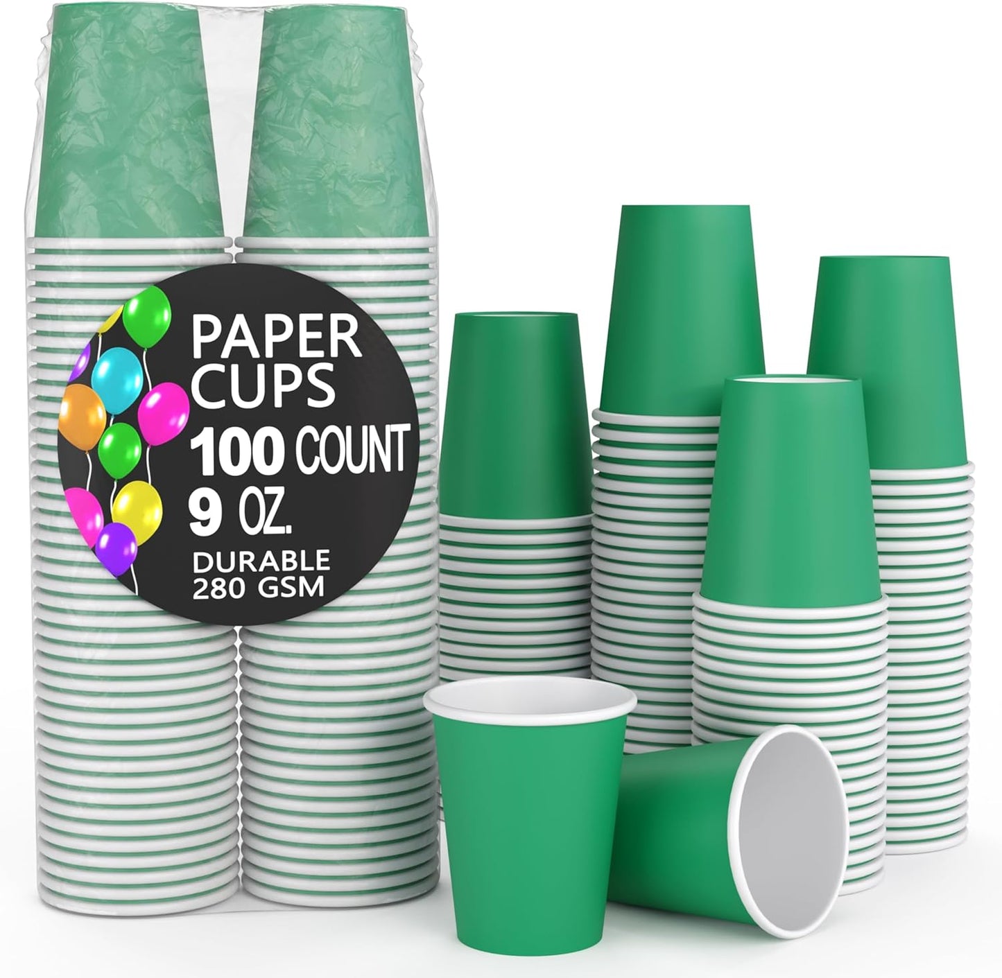 Exquisite Party Solids Emerald Green Paper Cups - 9 oz, 100 Pack, 280 GSM