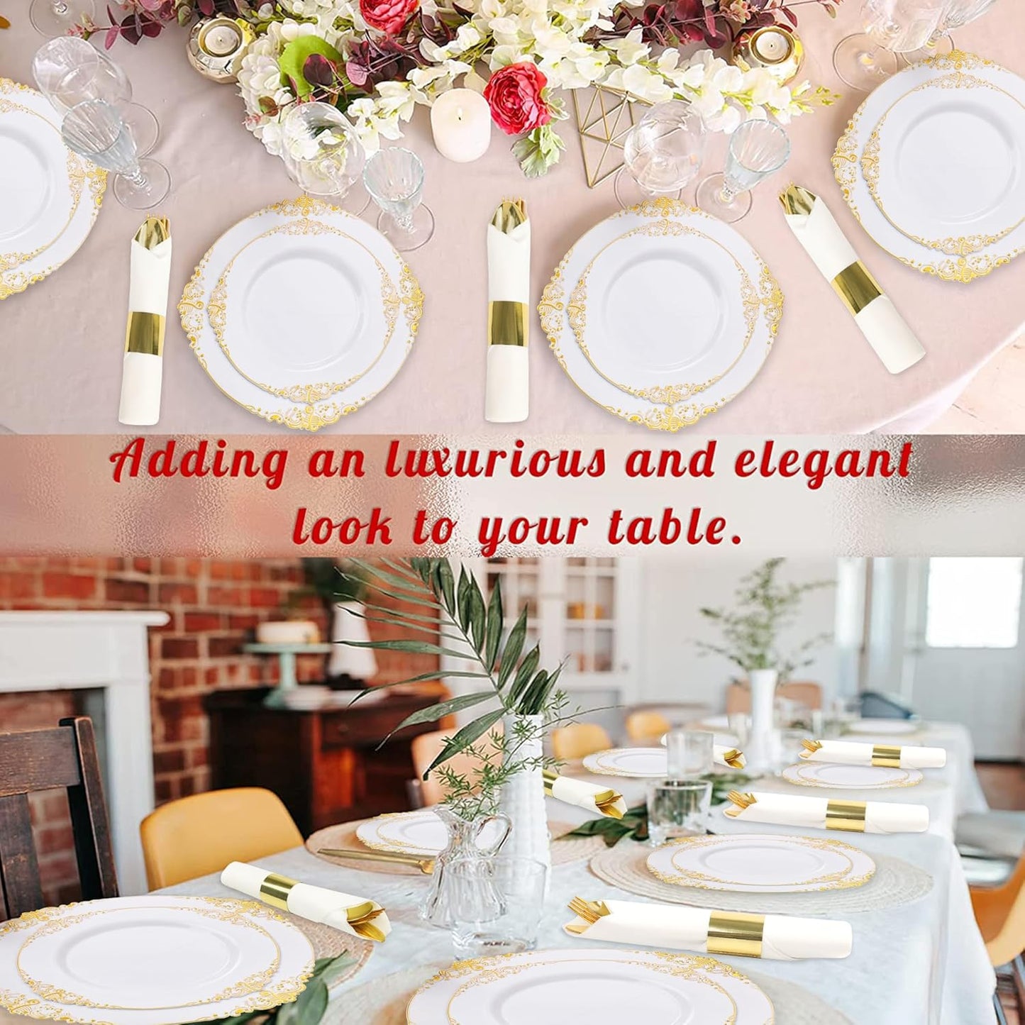 50 Pack Pre Rolled Gold Plastic Silverware Set,Fancy Wrapped Plastic Cutlery Set with Napkin Include 50 Forks,50 Spoons,50 Knives and 50 White Napkins for Party, Wedding