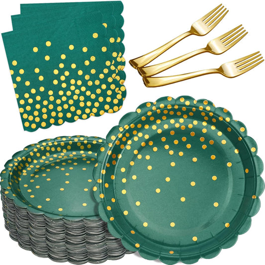 105PCS Green Plates and Napkins Party Supplies, Green and Gold Birthday Party Decorations, 7” Dessert Paper Plates for Wedding Baby Shower Graduation Decorations, Serves 35