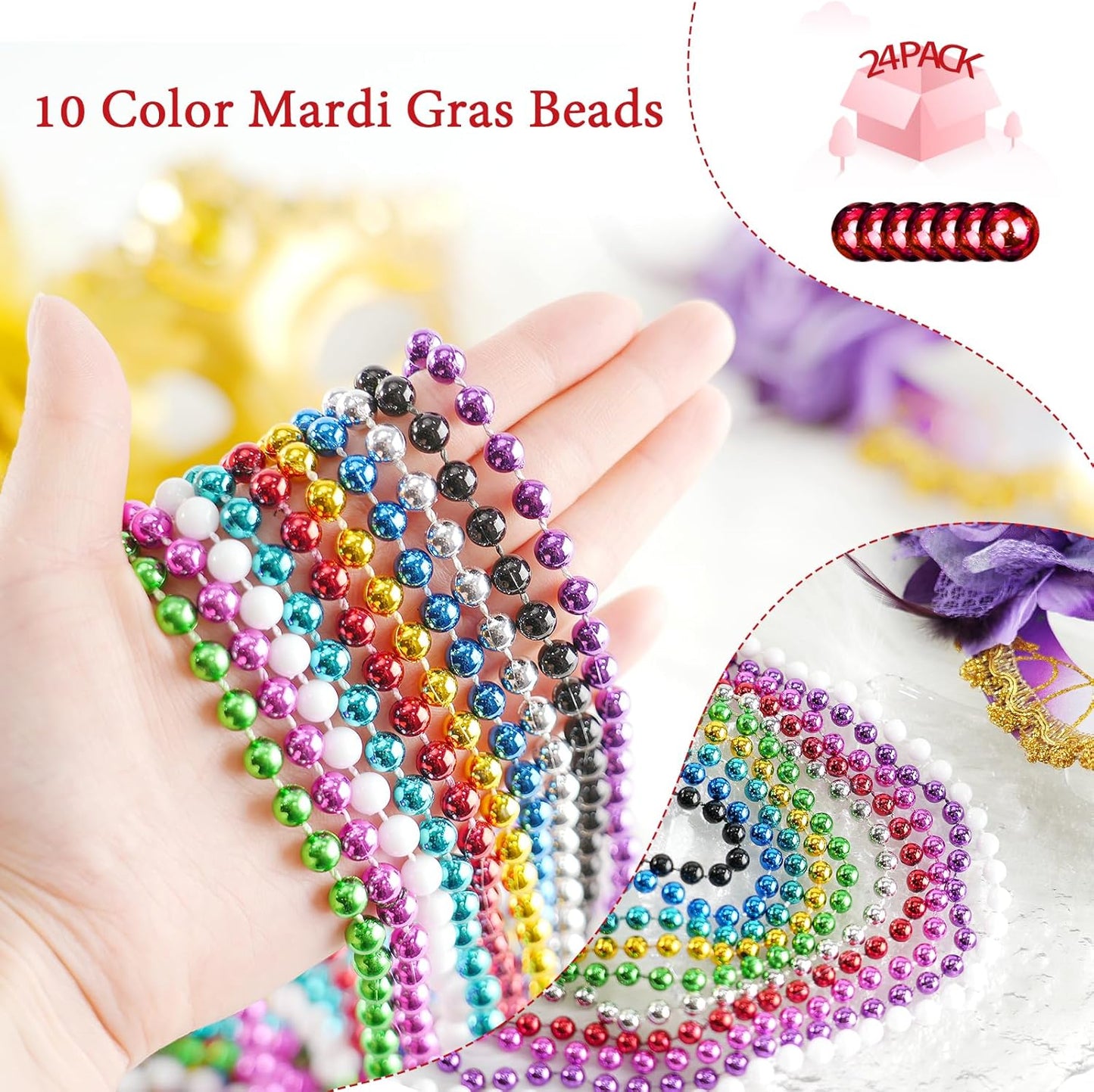 YAXINRUI 30 PCS Mardi Gras Beads, Party Beads Necklaces for Mardi Gras, Christmas, St. Patrick's Day, Party Favors, Metallic Colorful Throw Beads Accessories in 10 Colors