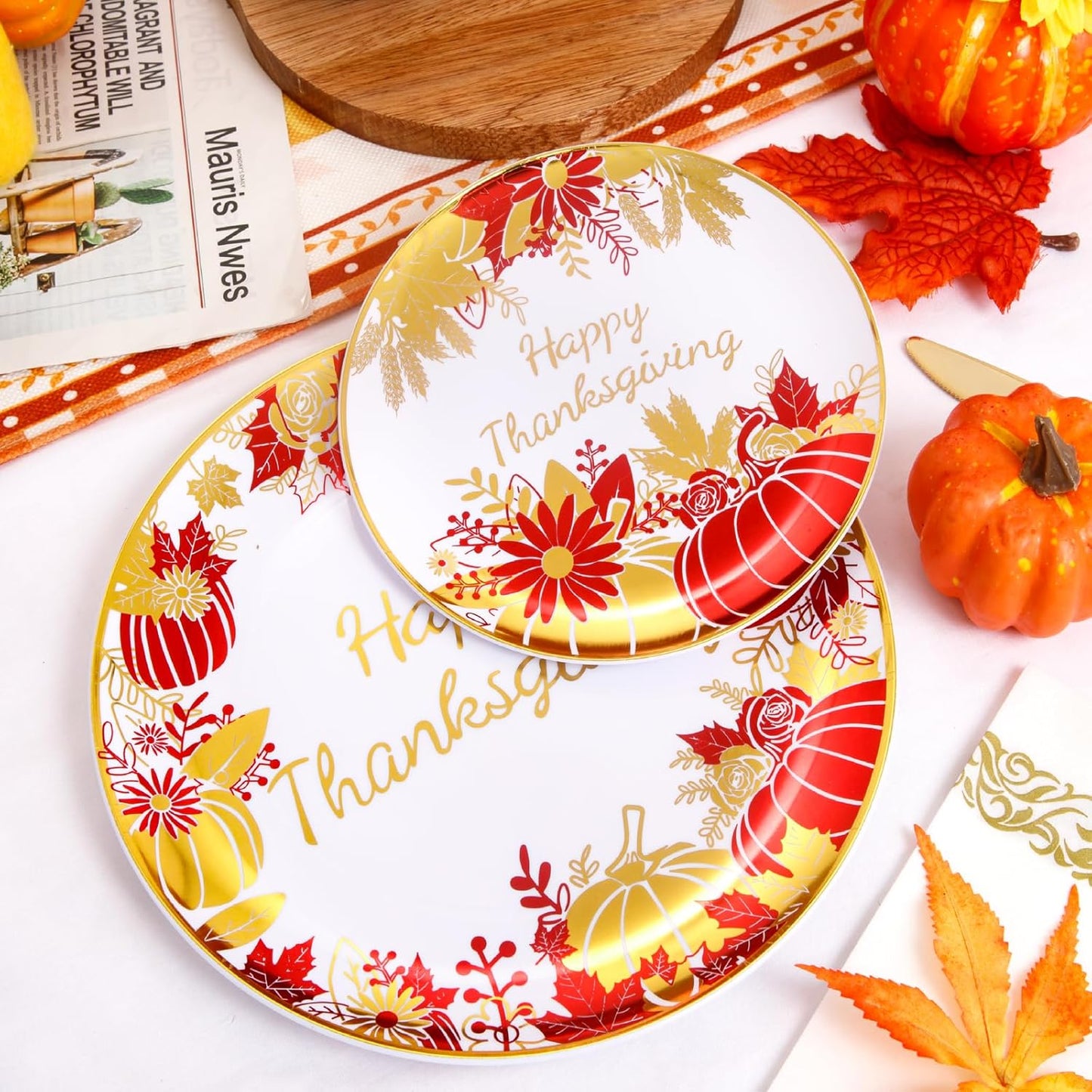 I00000 210Pcs Thanksgiving Plates Red and Gold Plastic Plate Dinnerware Set for 30 Guests Include 10.25" Dinner & 7.5" Dessert Plates, Pre Rolled Silverware Set, Cups for Party & Thanksgiving