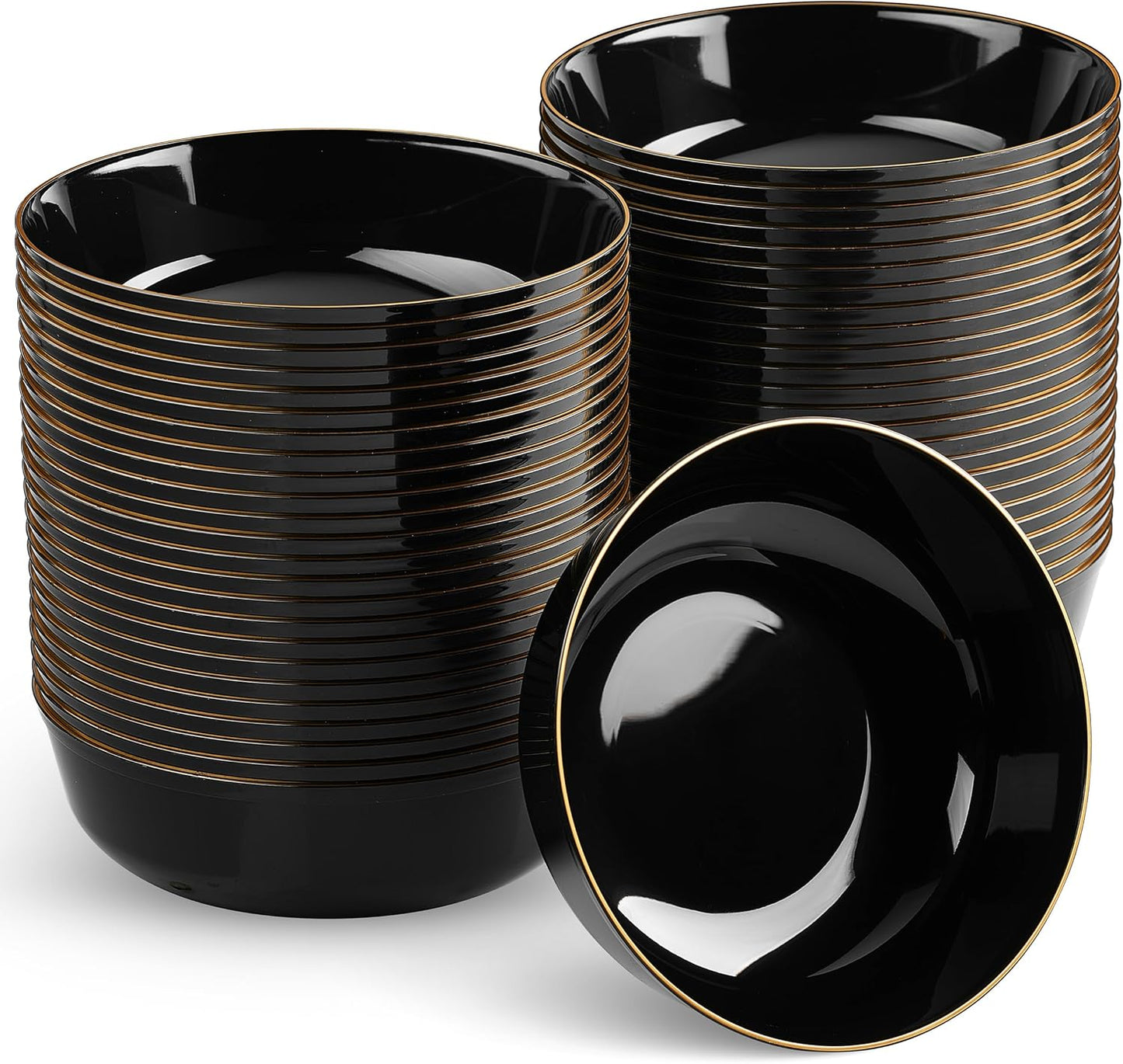BloominGoods Disposable Plastic Soup Bowls, 50-Pack 14 Oz. Heavyweight Black With Gold Rim Bowls For Party, Wedding Or Event