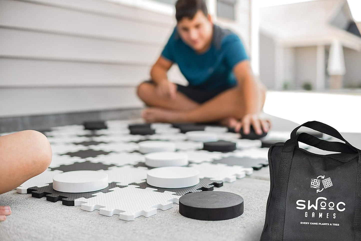 Swooc Games® - 2-in-1 Premium Giant Checkers & Tic Tac Toe Game (4ft x 4ft) - 100% High Density EVA Foam Mat & Pieces - Extra Large Checkers Set with Jumbo Checkerboard and Yard Size Tic Tac Toss