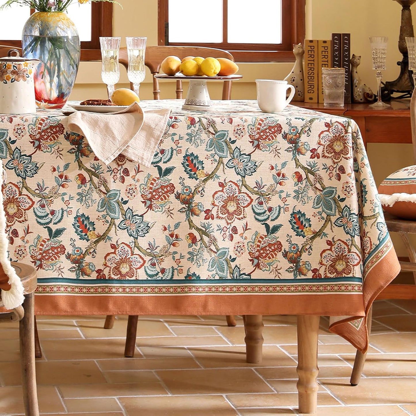 Linen Colorful Floral Small Rectangle Tablecloth,Vintage Indian Colorfast Block Print Table Cloth,Decor Table Cover for Kitchen,Dining,Party,Thanksgiving,Christmas,55"*71"-Mangala