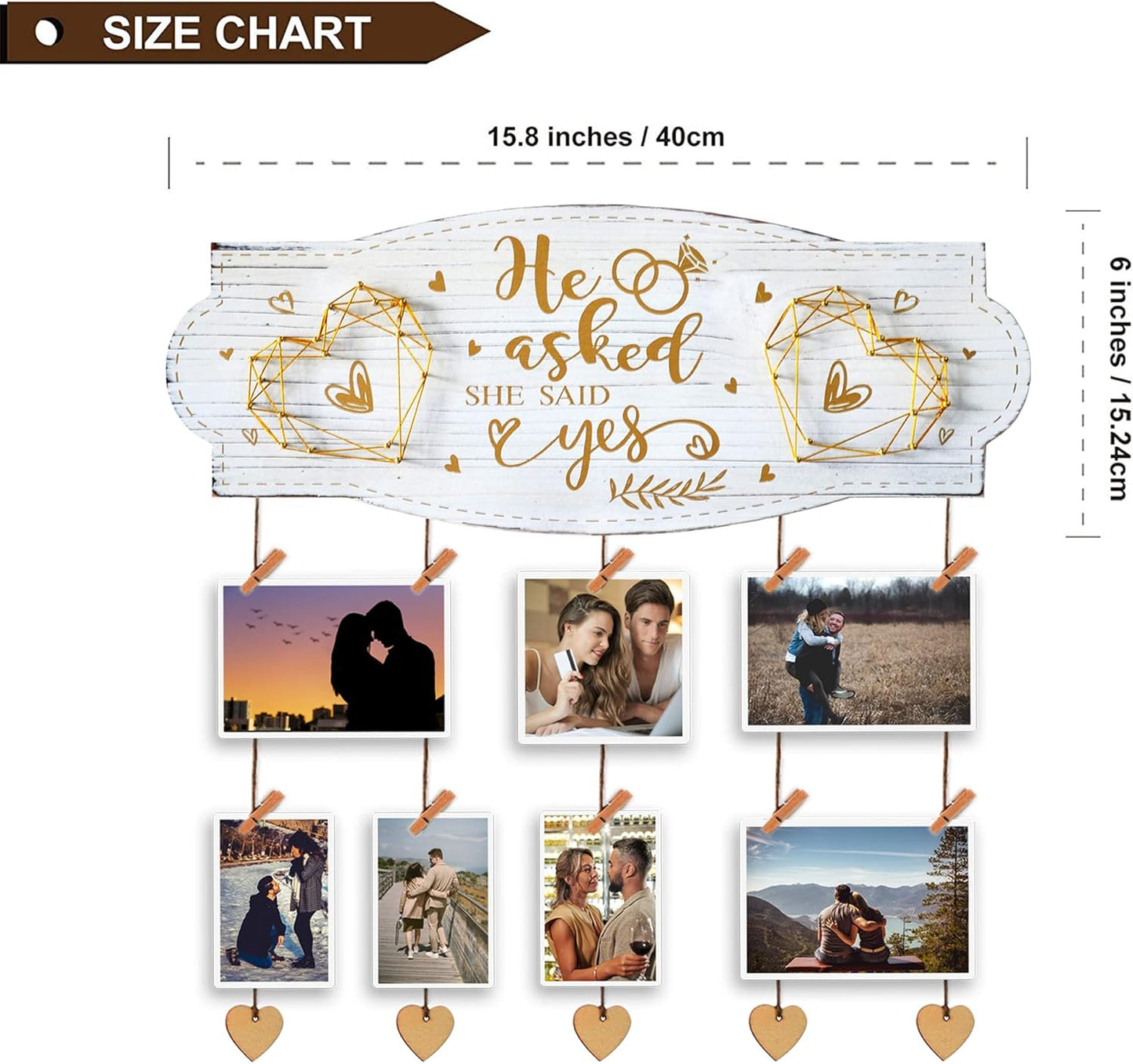 Yudarte Wedding Engagement Gifts for Women Bride to Be - Romantic Wall Picture Organizer with Clips and Twine For Newly Engaged Couples - He Asked,She Said Yes