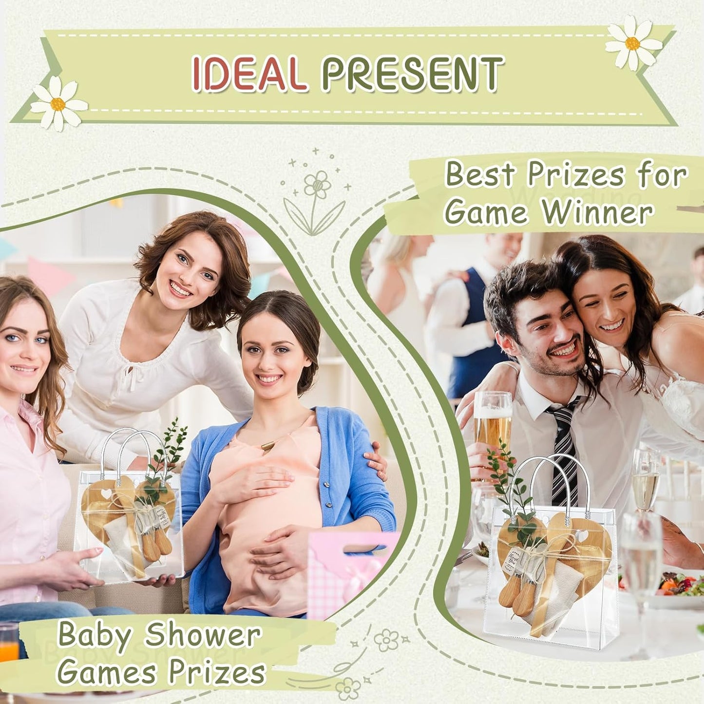 AZEAM 55Pcs Baby Shower Prizes for Game Winners, Bridal Shower Prizes with 6 Sets Heart Cheese Board Spoon Fork Butter Knife Towel Card Plastic Bag Branch, Wedding Shower Favors for Guests