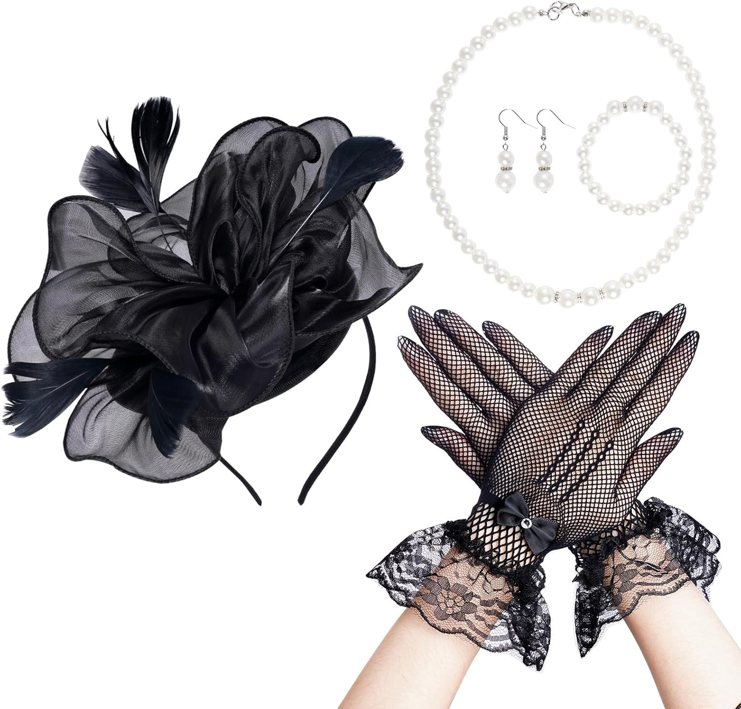 Tea Party Hat Fascinators Headband and Gloves Pearl Set for Women Tea Party Halloween Cocktail Wedding