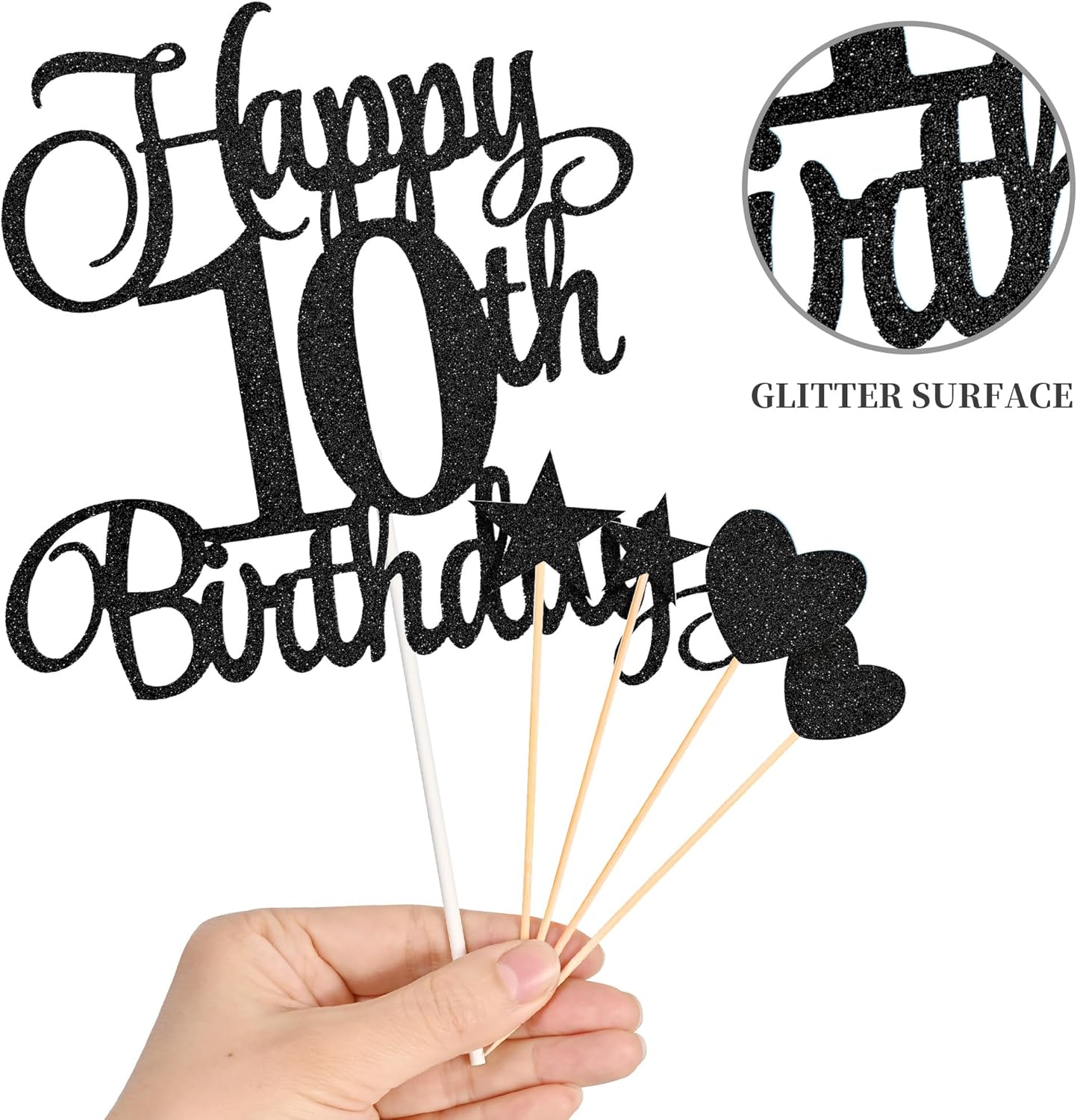 10th Birthday Cake Decorations, 10th Birthday Candles Cake Numeral Candles and Glitter Happy 10th Birthday Cake Toppers Set for Birthday Party Supplies (Black)