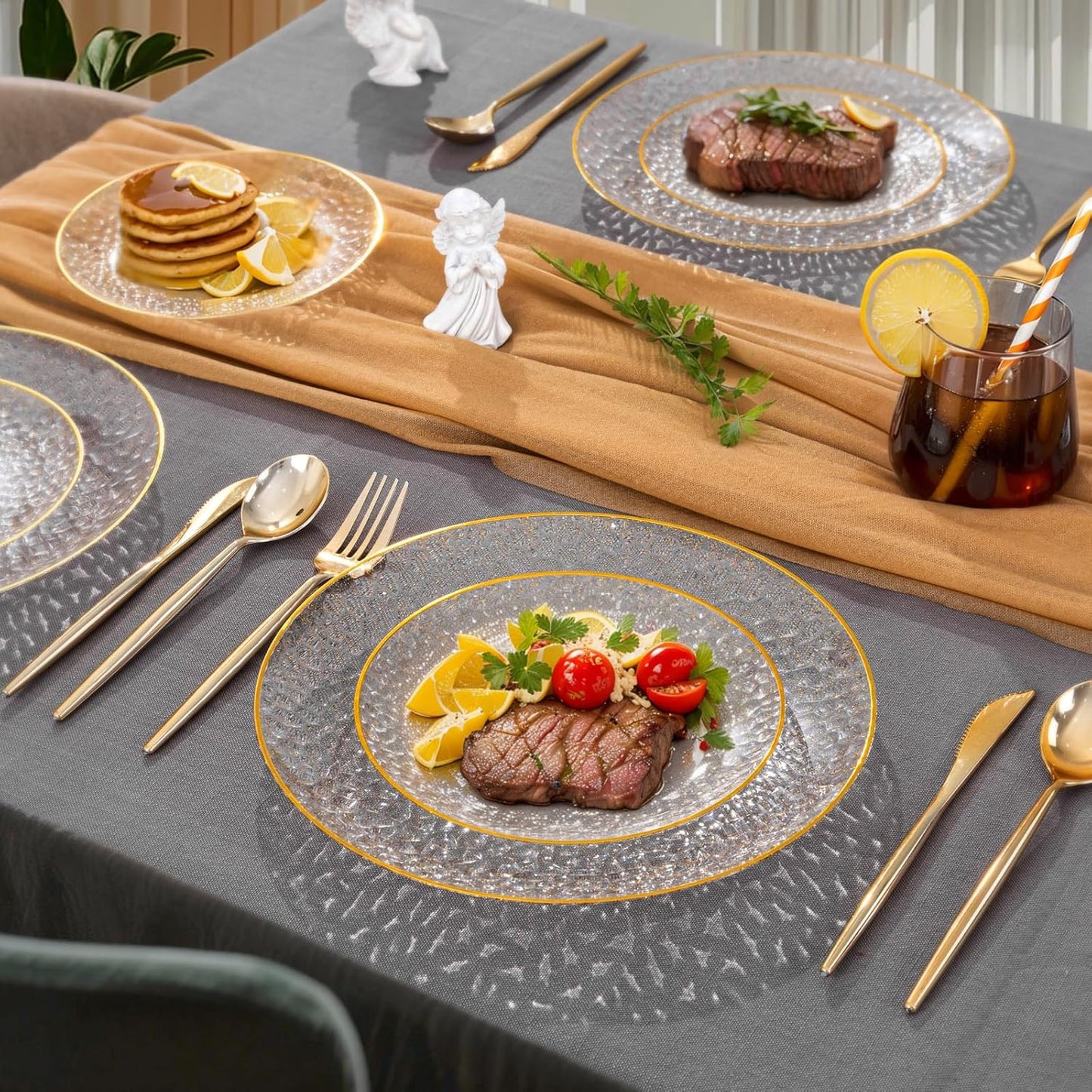 Rubtlamp 100Pcs Clear Gold Plastic Plates, Gold Glitter Disposable Plates, Hammered Plastic Plates Included 50 Dinner Plate And 50 Dessert Plate for Weddings Party Birthday