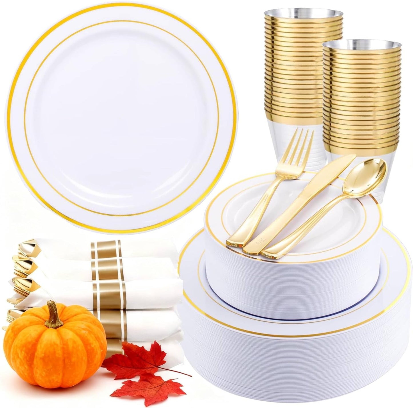 350Piece Gold Dinnerware Set for 50 Guests - Gold Plastic Plates with Disposable Cutlery Include:50Dinner Plates-50Dessert Plates-50Pre Rolled Napkins with Silverware for Thanksgiving