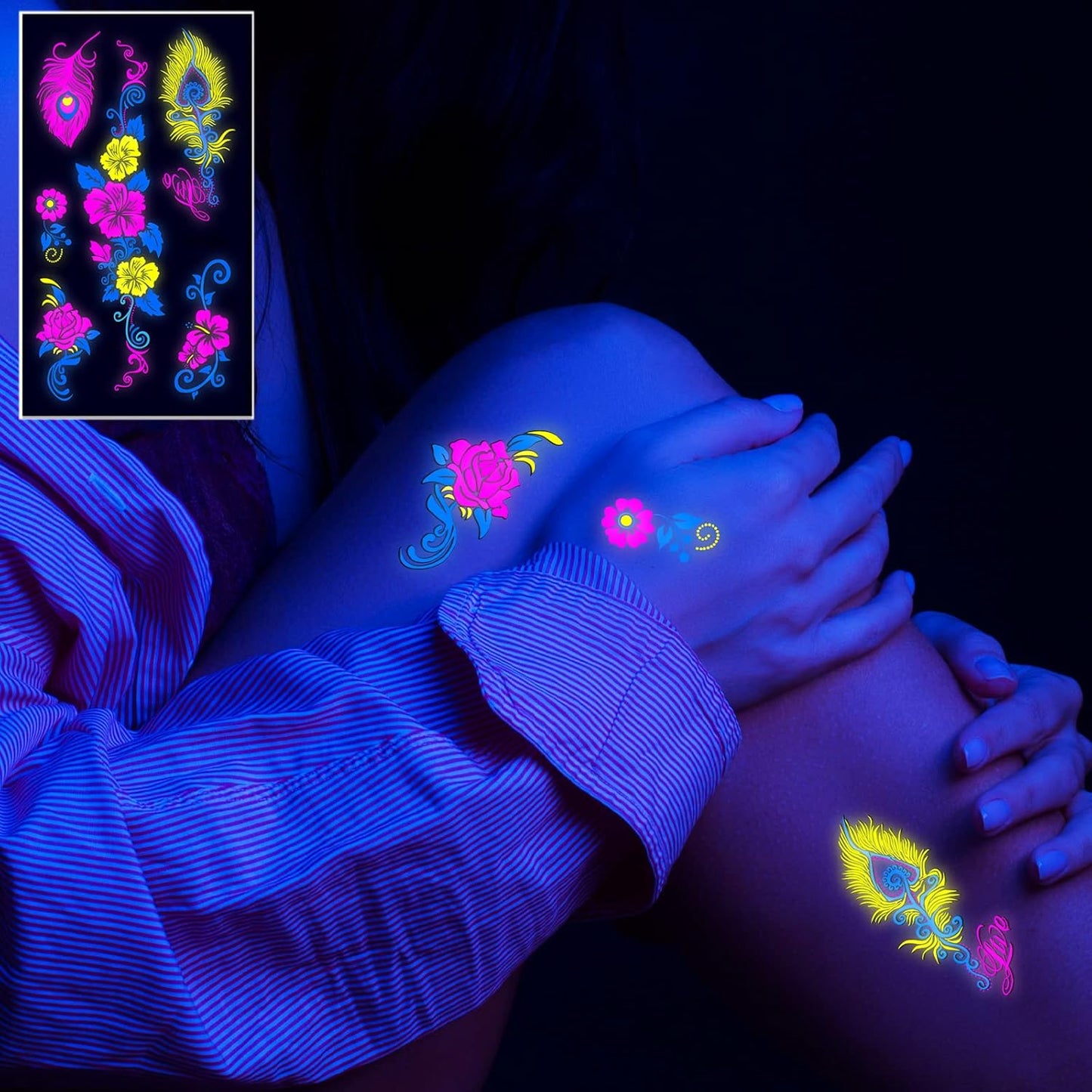 Neon Temporary Tattoos Glow In The UV Neon Tattoos Stickers 61 Glitter Styles Flowers Butterfly Feather Colorful Fake Waterproof Tattoos for Women Girls Party Decoration