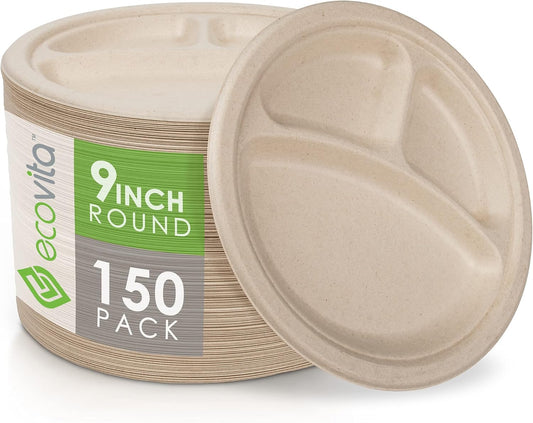 Ecovita 100% Compostable Paper Plates [9 in.] COMPARTMENTS – 150 Disposable Plates Eco Friendly Sturdy Tree Free Liquid and Heat Resistant Alternative to Plastic or Paper Plates