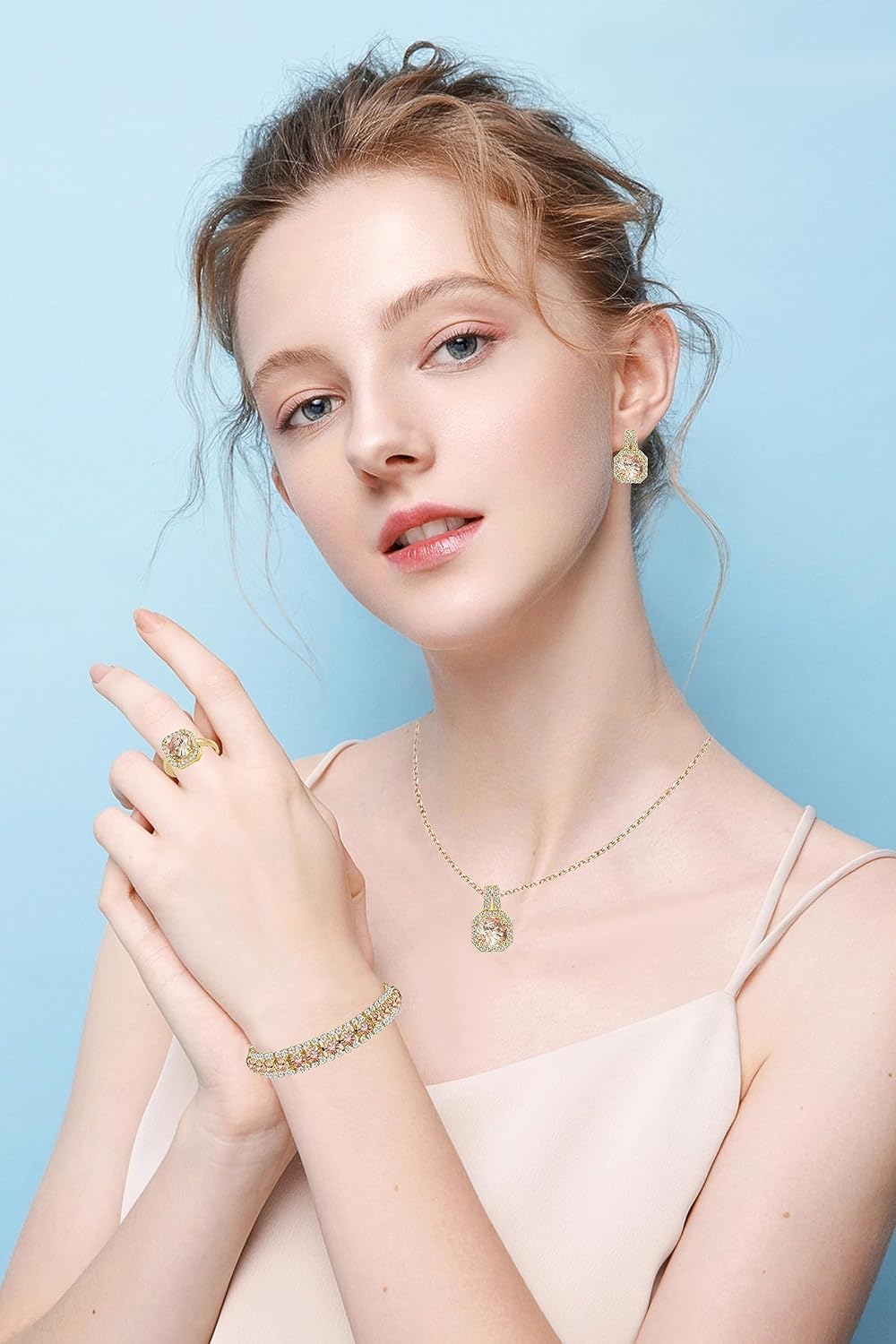 4pcs Cubic Zirconia Wedding Jewelry Sets for Bride Bridesmaid Cubic Zirconia Pendant Necklace Earrings Link Tennis Bracelet Open Ring Set for Women