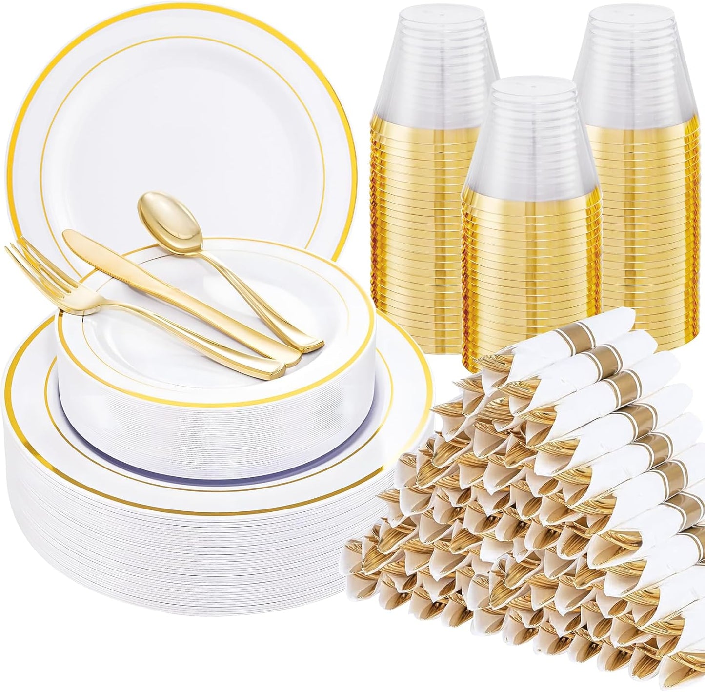 WELLIFE 700 Pcs Gold Plastic Plates for 100 Guests - Disposable Dinnerware Set,Party Supplies Includes 200 Gold Plates,300 Plastic Silverware,100 Napkins,100 Cups for Party and Thanksgiving