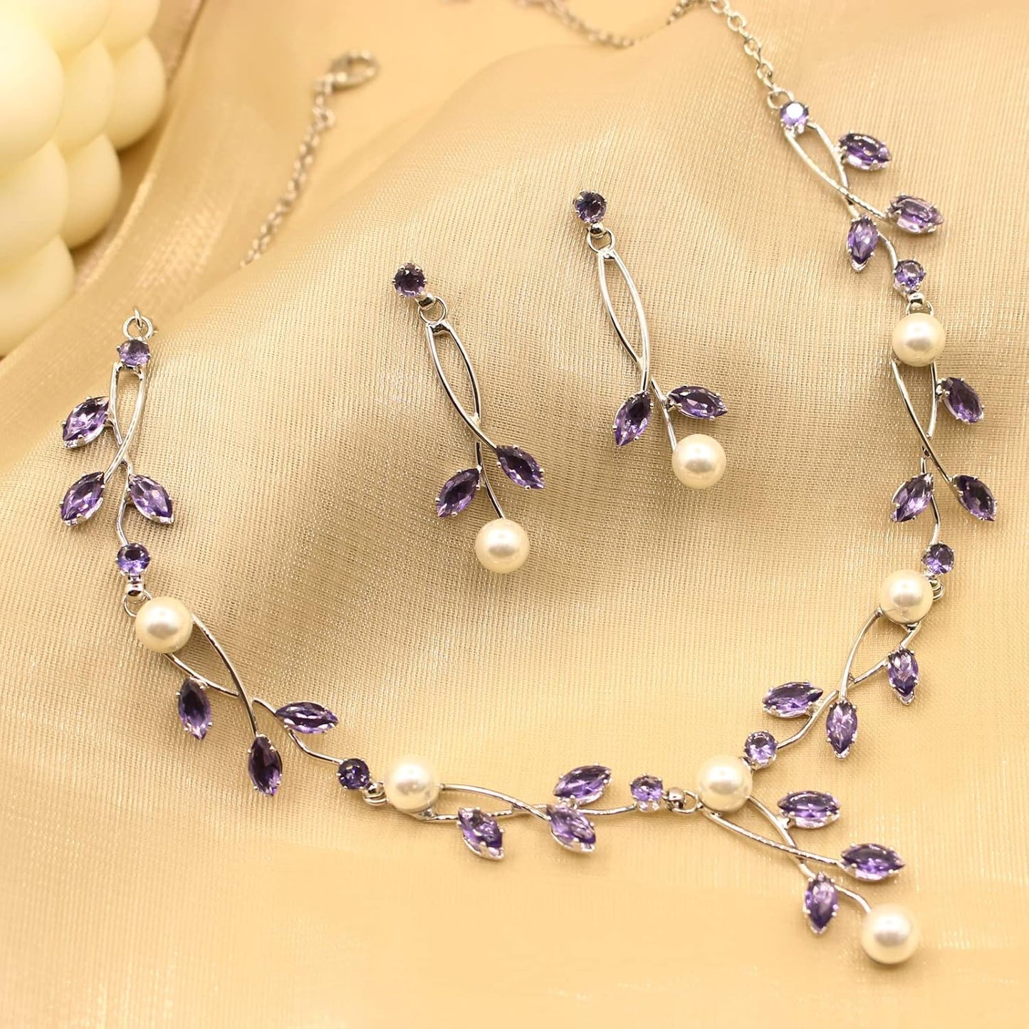 Luxury Cubic Zirconia Aurtrian Crystal Pearl Floral Necklace Dangle Earrings Wedding Bridal Jewelry Set Birthday Gifts for Her