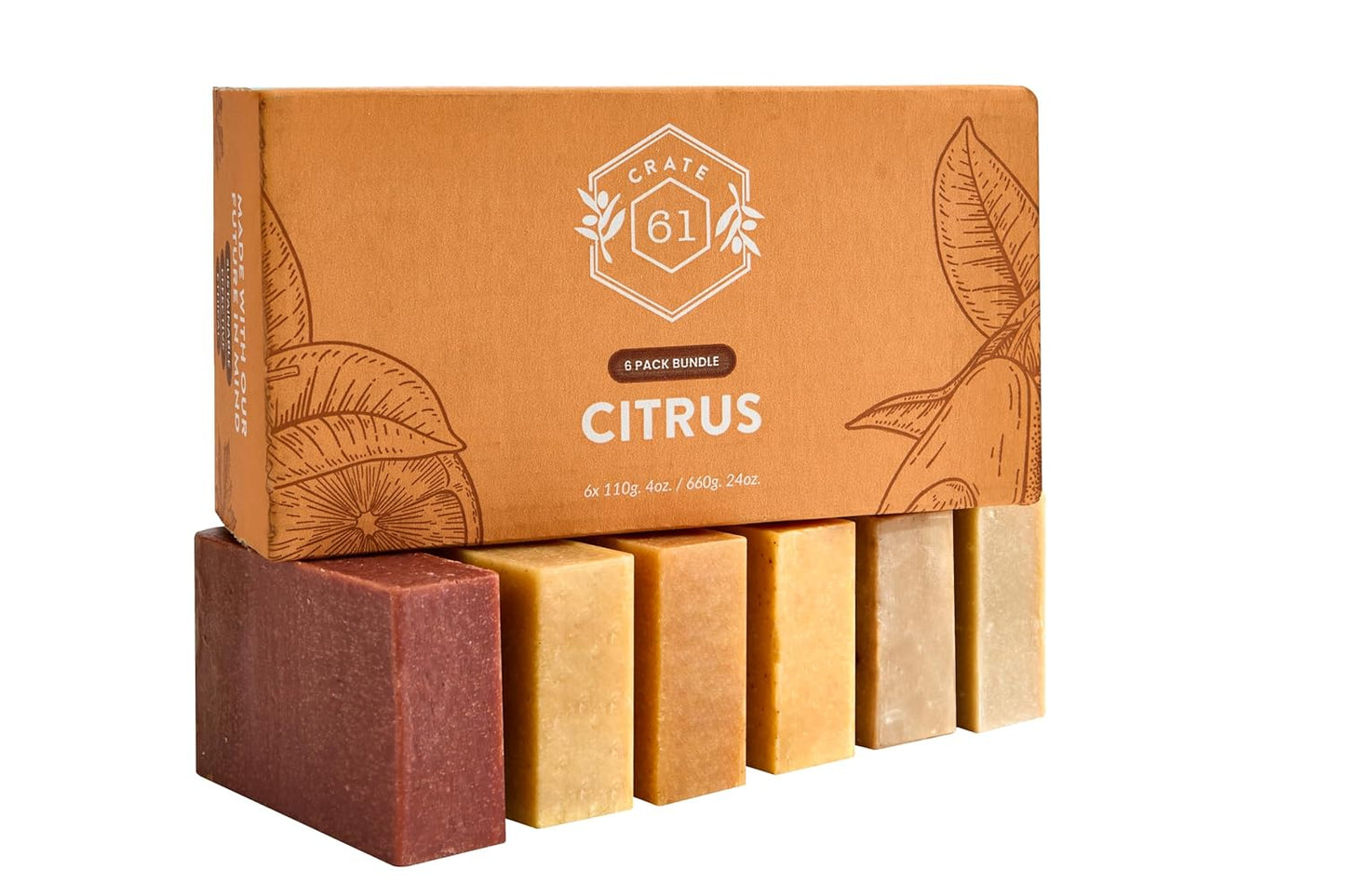 Crate 61 Organics, Handmade in Canada, Plant Based Cold Process Natural Bar Soap, With Premium Essential Oils, Dry Skin, Pack of 6 (Citrus)
