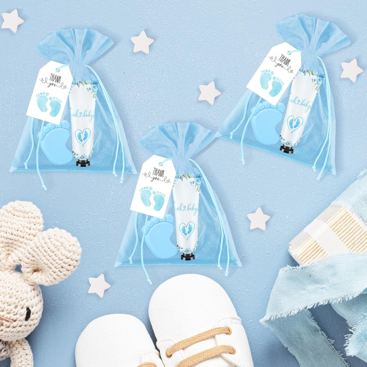 25 Sets Baby Shower Favors for Guests Hand Cream Baby Feet Scented Soap Party Favors Blue Baby Shower Guests Gifts with Organza Bags and Thanks Tags for Baby Shower Wedding Party