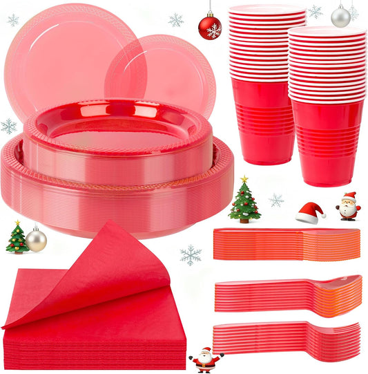 WELLIFE 210Pcs Clear and Red Christmas Plates Set,Red Plastic Plates,Christmas Party Supplies Including disposable Plates, 12OZ Cups, plastic Cutlery and Napkins Serve 30 Guests