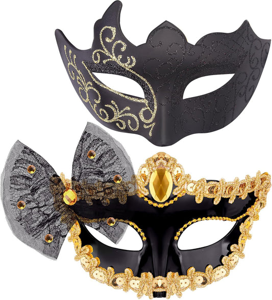 SIQUK Couple Masquerade Masks Set Venetian Party Mask Plastic Halloween Costume Mask Mardi Gras Mask for Women and Men